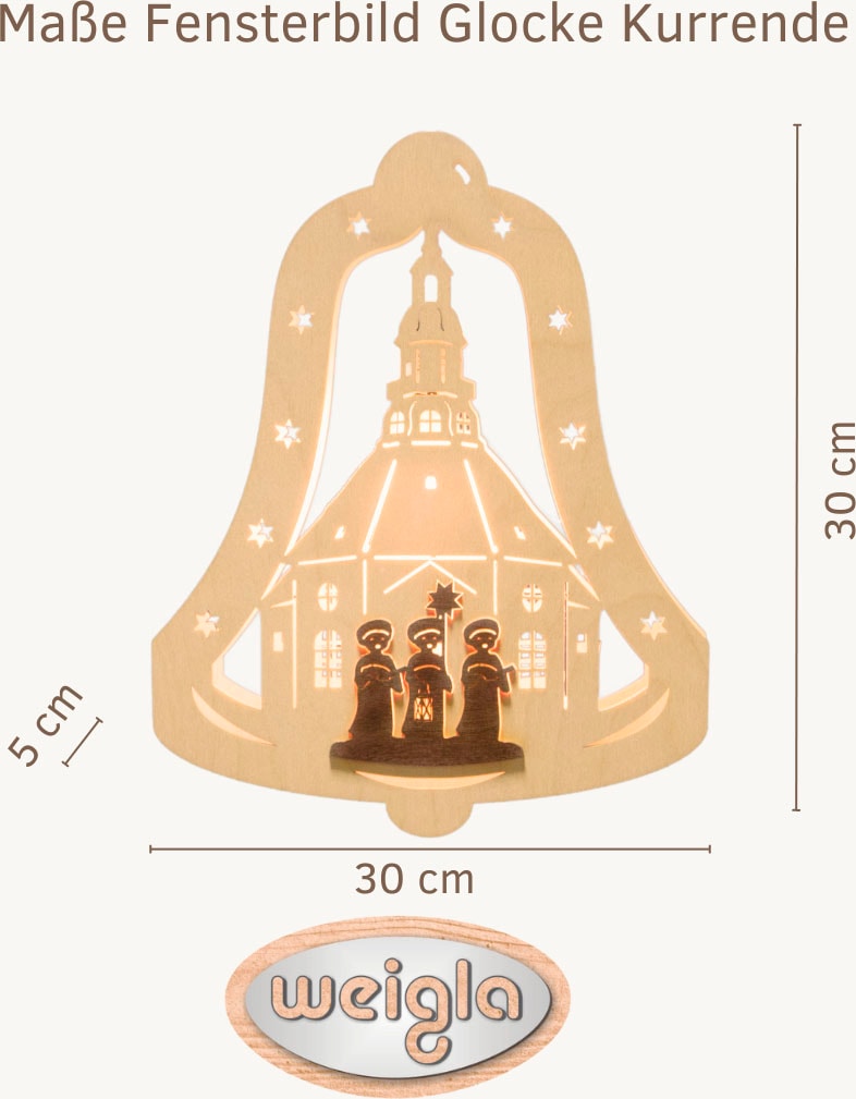 Weigla Dekofigur »beleuchtetes Fensterbild Glocke Kurrende, NATUR-BRAUN«, Erzgebirge garantiert, Weihnachtsdeko Innen, Weihnachtsbeleuchtung