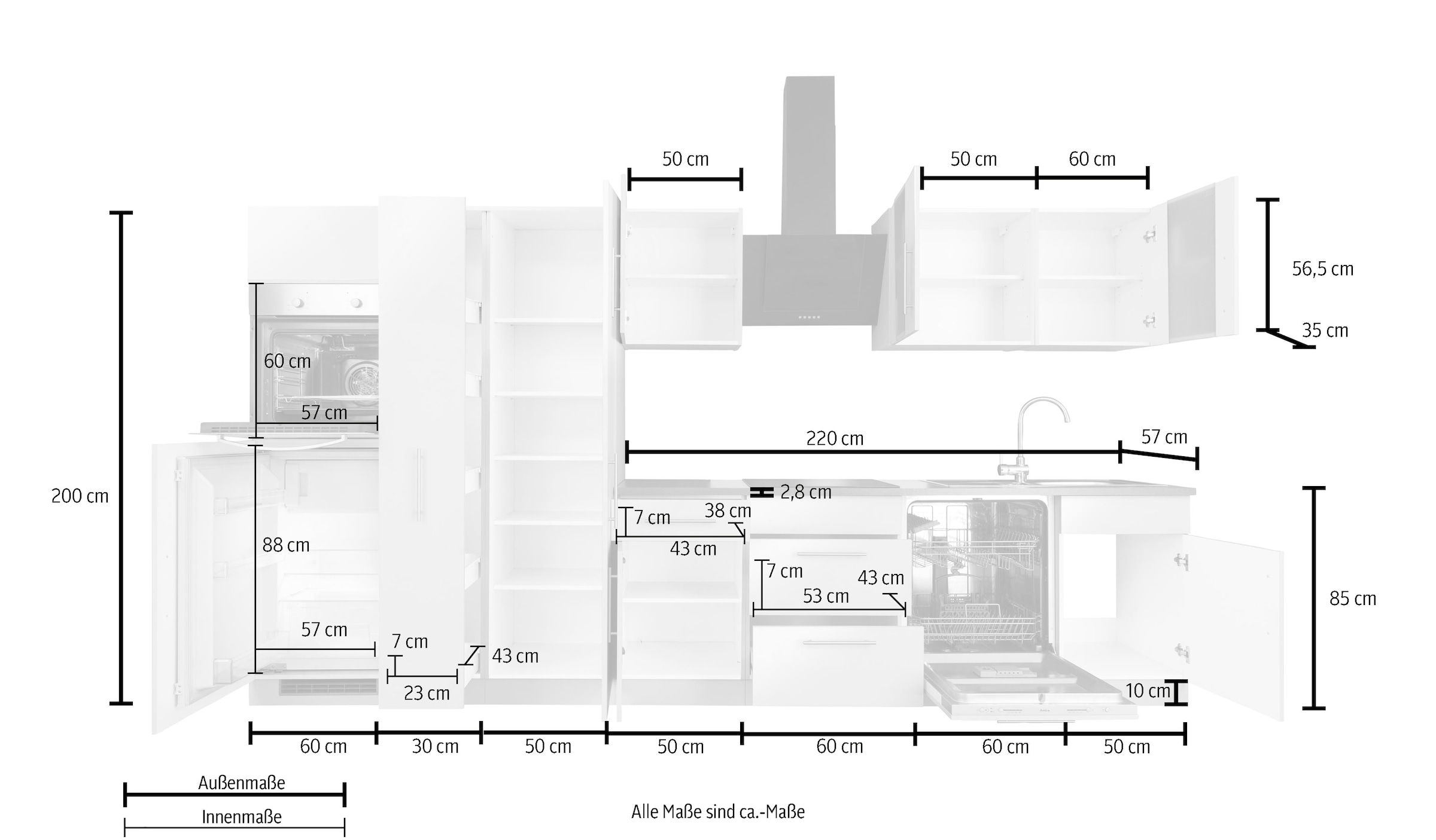 wiho Küchen Küchenzeile »Cali«, mit E-Geräten, Breite 360 cm