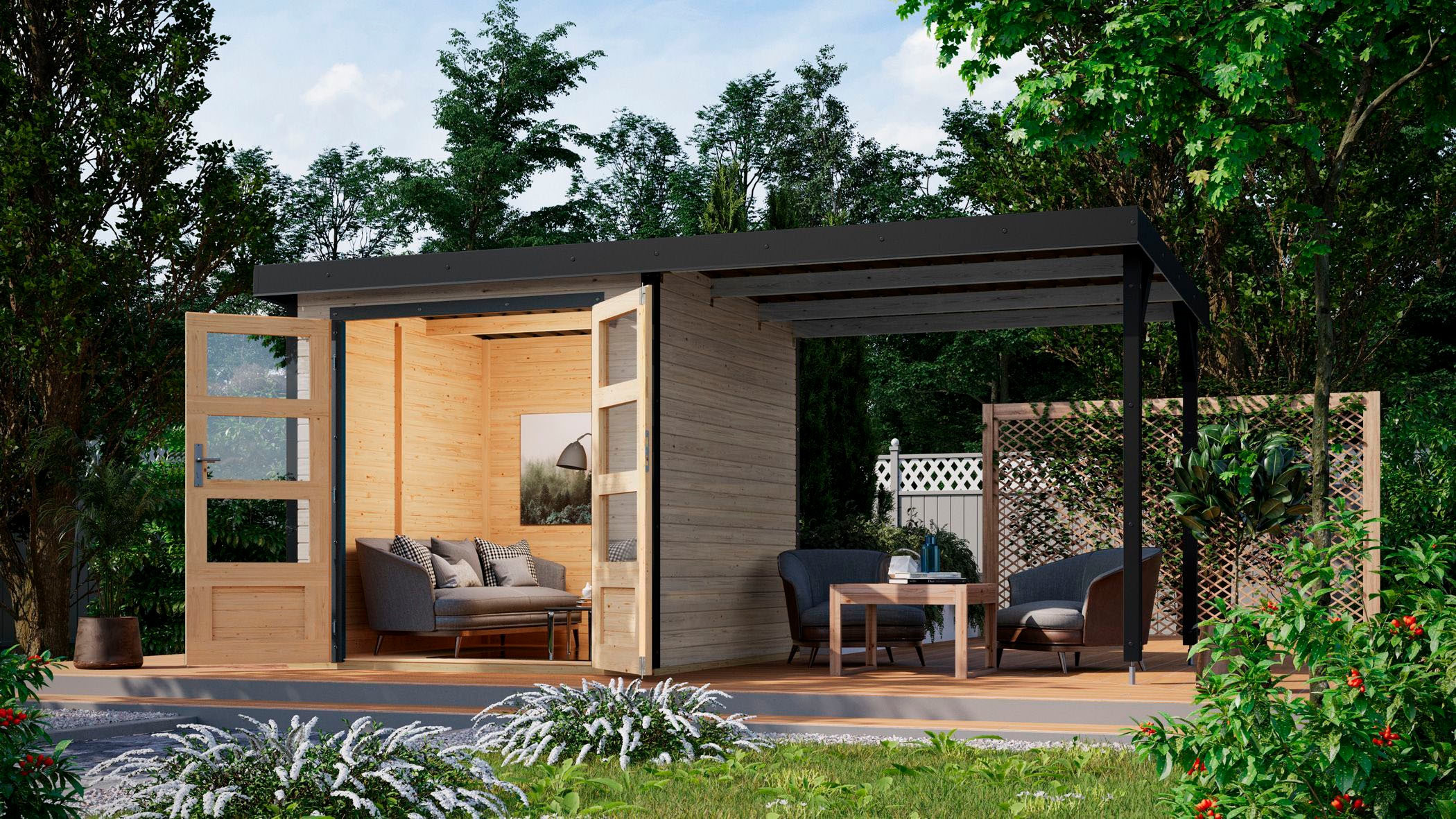 Karibu Gartenhaus »"Jupiter D SET"«, wassergrau/anthrazit, mit Anbaudach
