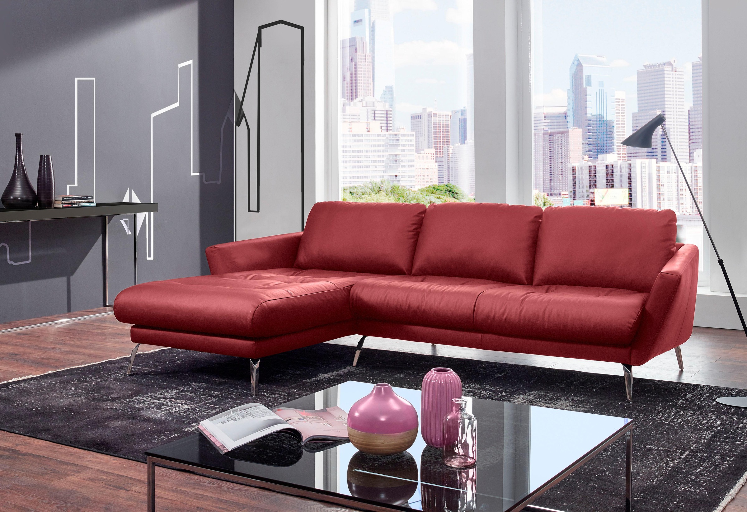 W.SCHILLIG Ecksofa »softy, Designsofa, zeitlos und elegant, hoher Sitzkomfort, L-Form«, mit dekorativer Heftung im Sitz, Füße Chrom glänzend