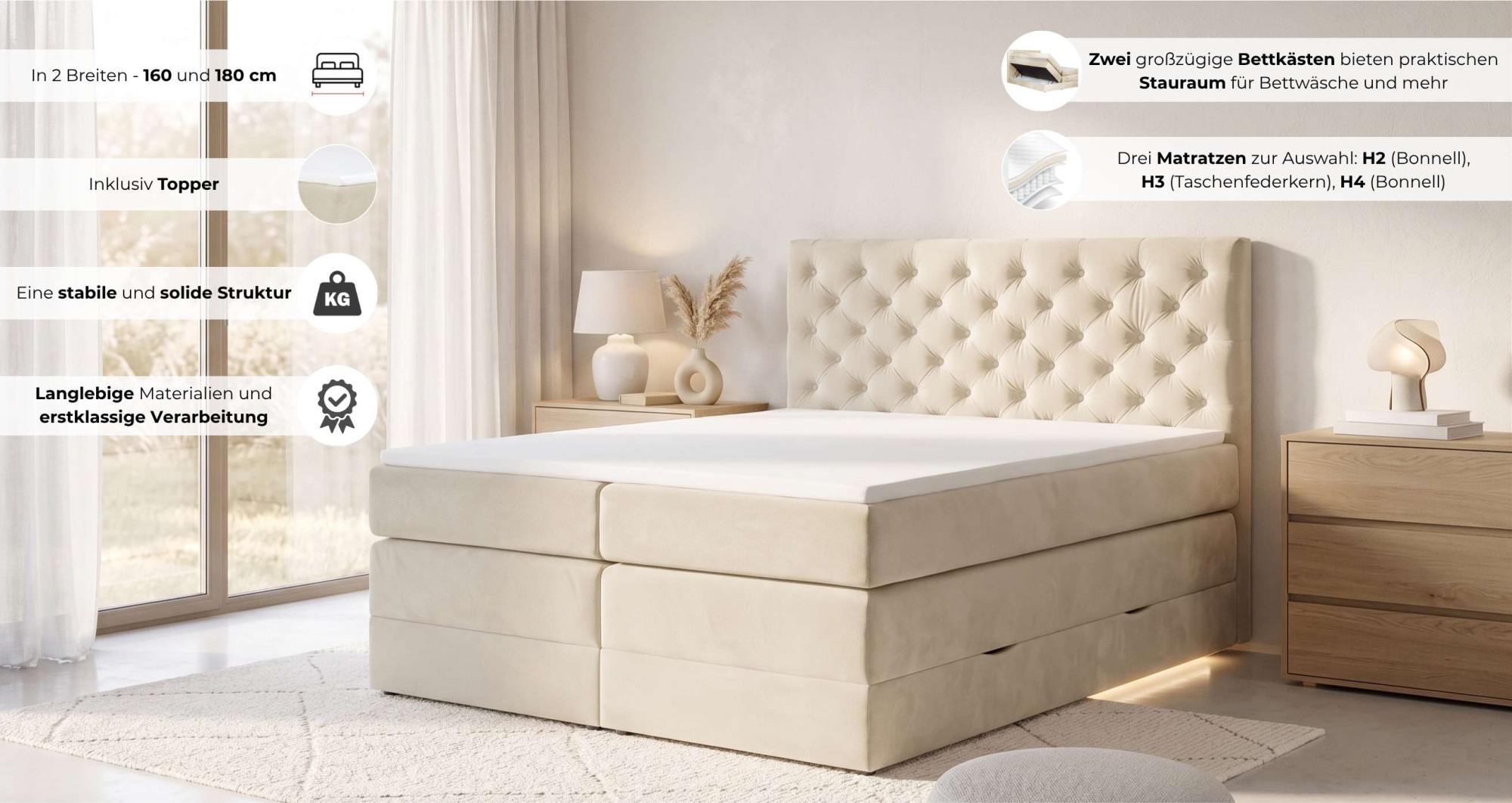 Home affaire Boxspringbett »SELJORD mit Bettkasten, Matratze und Topper, Breite 160 oder 180 cm« Bonnell- oder Taschenfederkernmatratze (H2, H3, H4), mit Knopfheftung