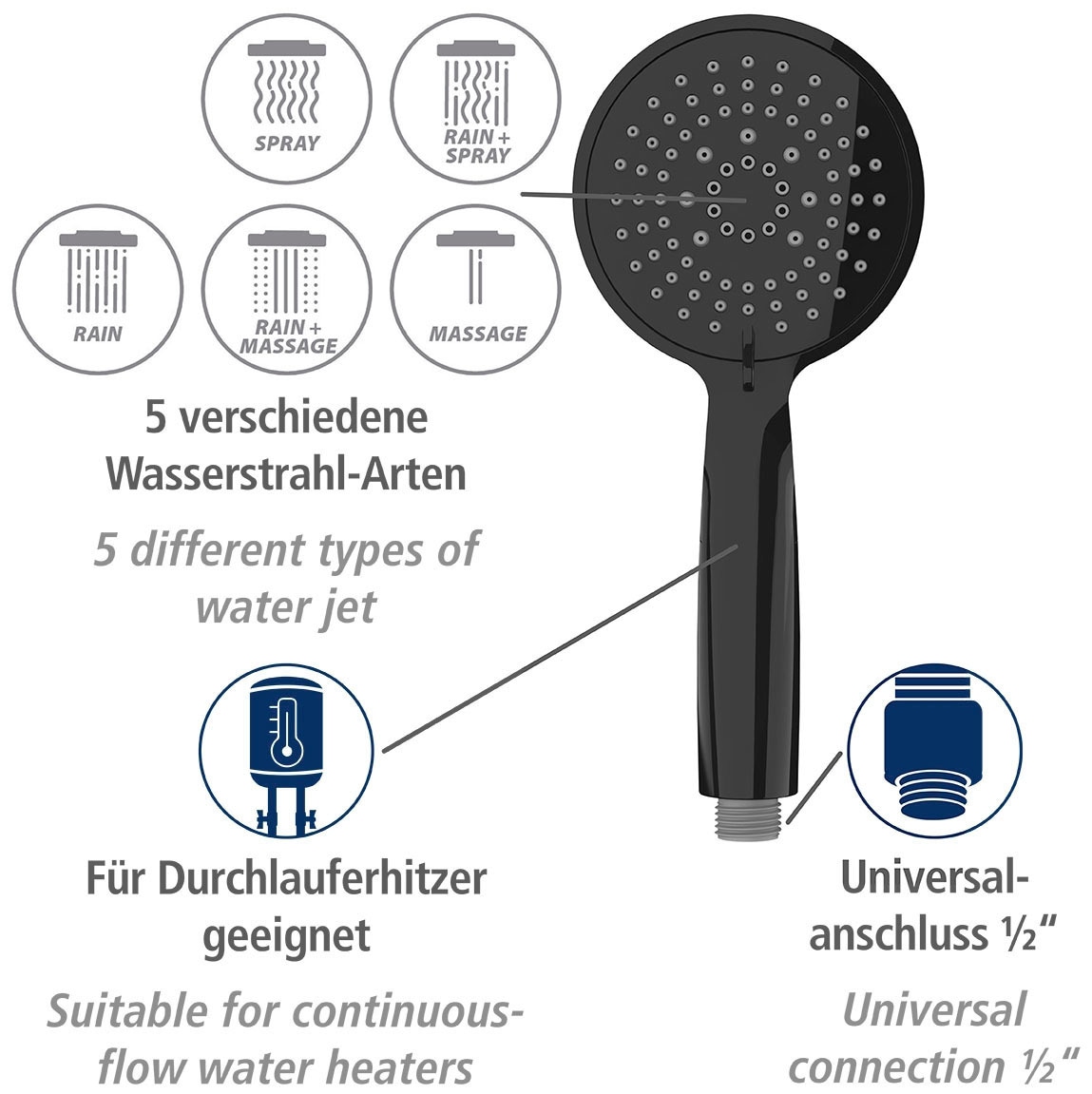 WENKO Handbrause »Young«, (1 tlg.), Schwarz, Ø 11 cm
