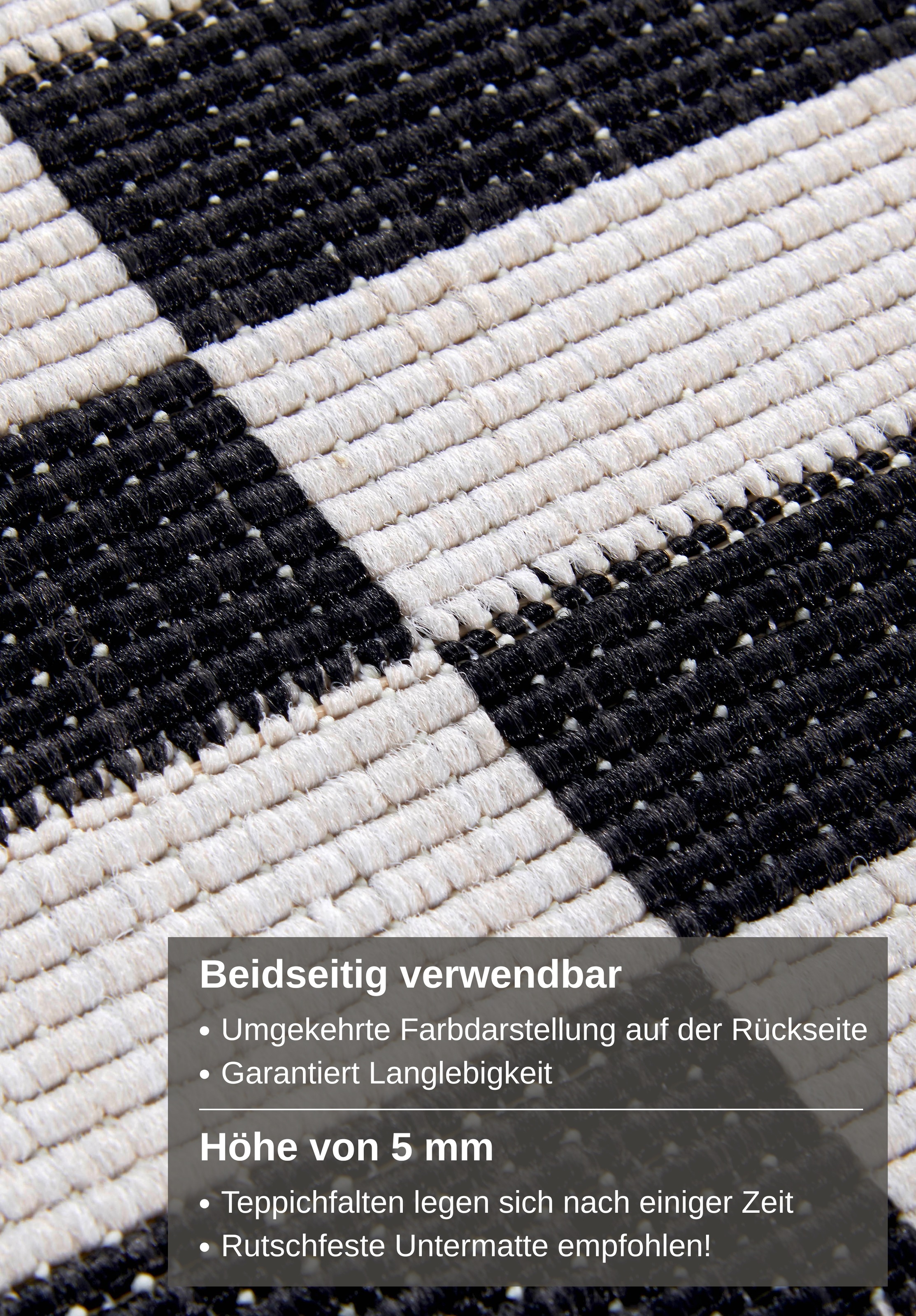 my home Teppich »Viela  Outdoor Wendeteppich, auch als Läufer erhältlich«, rechteckig, 5 mm Höhe, schwarz weiß, Flachgewebe, Balkon, Wohnzimmer, In-Outdoor, wasserfest