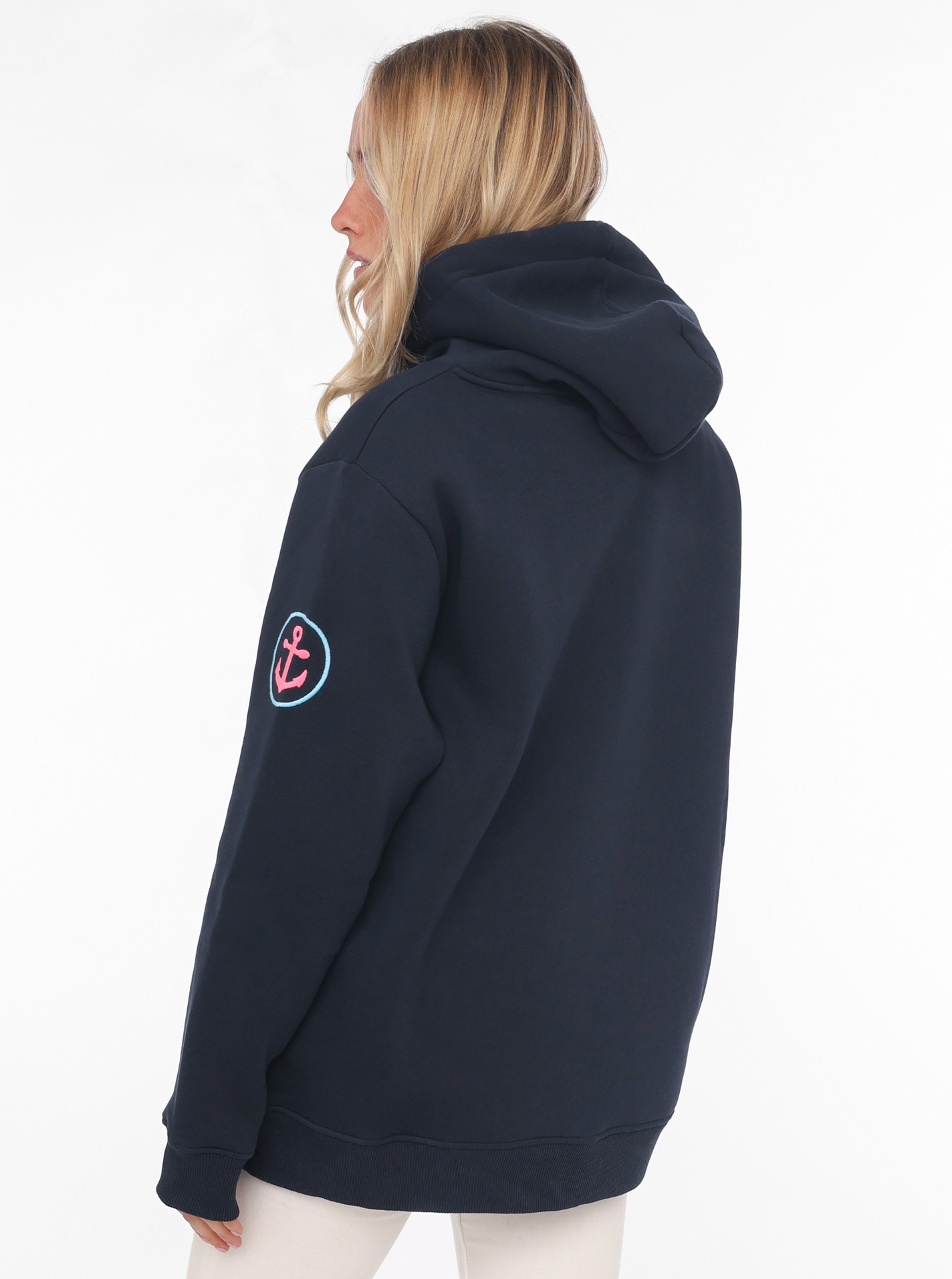 Zwillingsherz Sweat-Hoodie, mit aufgesticktem "MOIN"-Schriftzug in Neonfarben