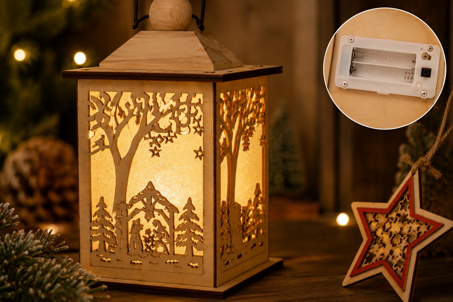 OTTO home LED Dekoobjekt »Weihnachtliche Holzdekoration, 2er-Set« 2 Stk. Warmweiß Gratis-Hänger, 6h-Timer, Höhe 22 cm