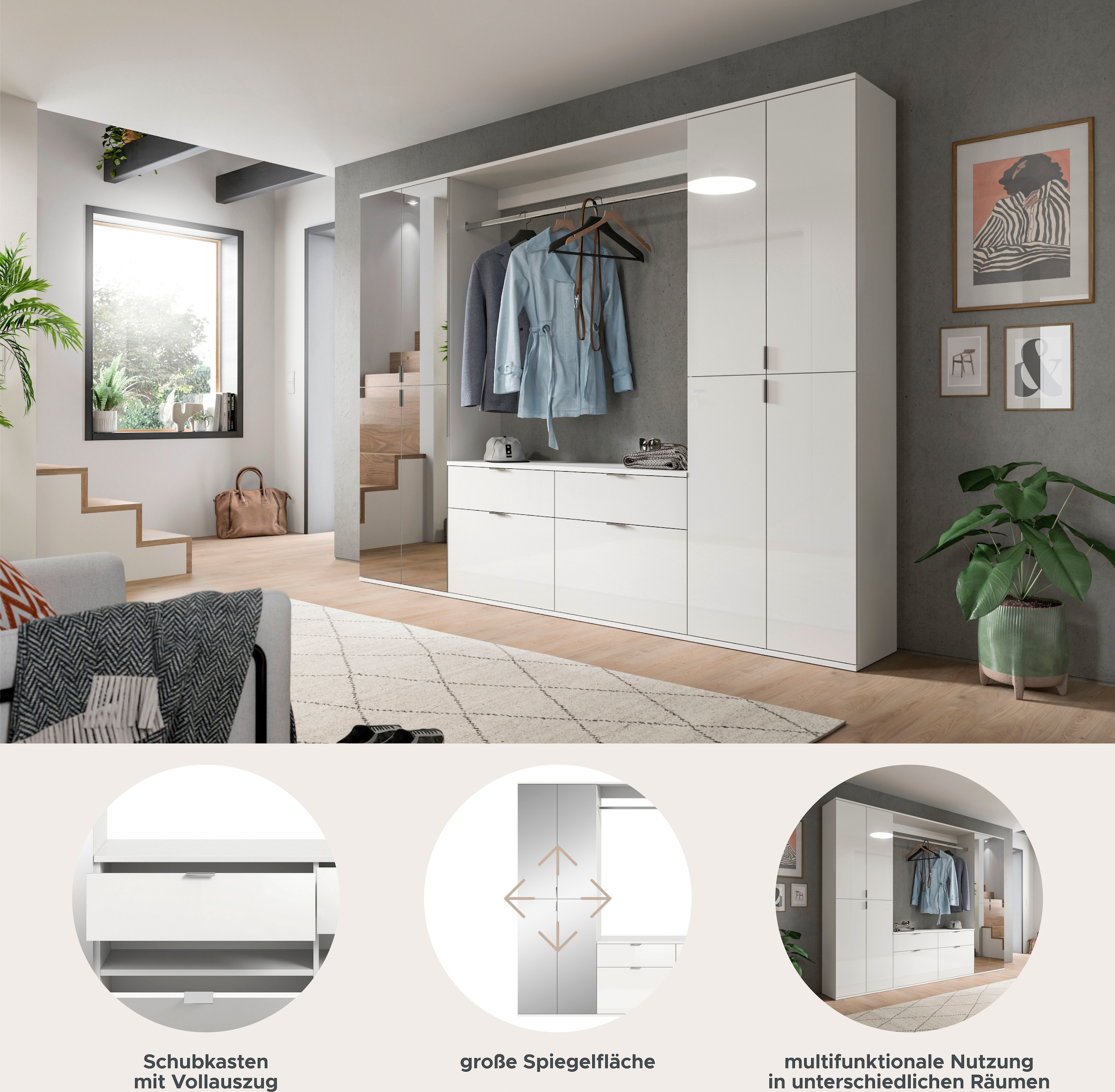INOSIGN Garderoben-Set »Trondheim, Breite 243 cm, 5-teilig, bestehend aus:«, (Set, 4 St.), 2x Garderobenschrank, 1 Kommode, 1 Garderobenstange, 1 Ablageboden