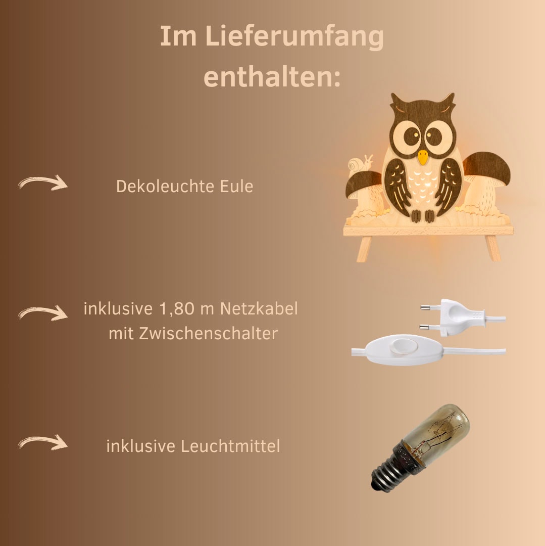 Weigla Dekolicht »Eule, Dekolampe aus Holz, NATUR-BRAUN, Made in Germany«, 1 flammig, Leuchtmittel E14 | Leuchtmittel wechselbar, Erzgebirge garantiert, Herbstdeko innen, Tischlampe