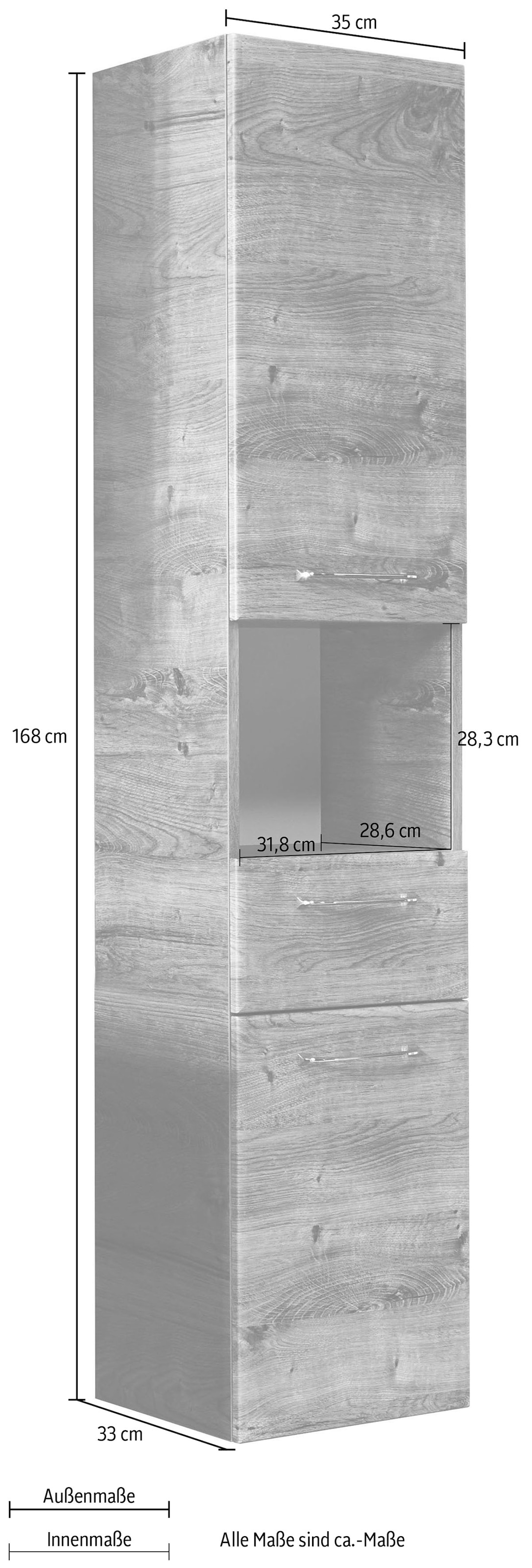 Saphir Hochschrank »Quickset Badschrank 35 cm breit, 2 Türen, 1 Nische, 1 Schublade«, Badezimmer-Hochschrank inkl. Türdämpfer, Griffe in Chrom glänzend