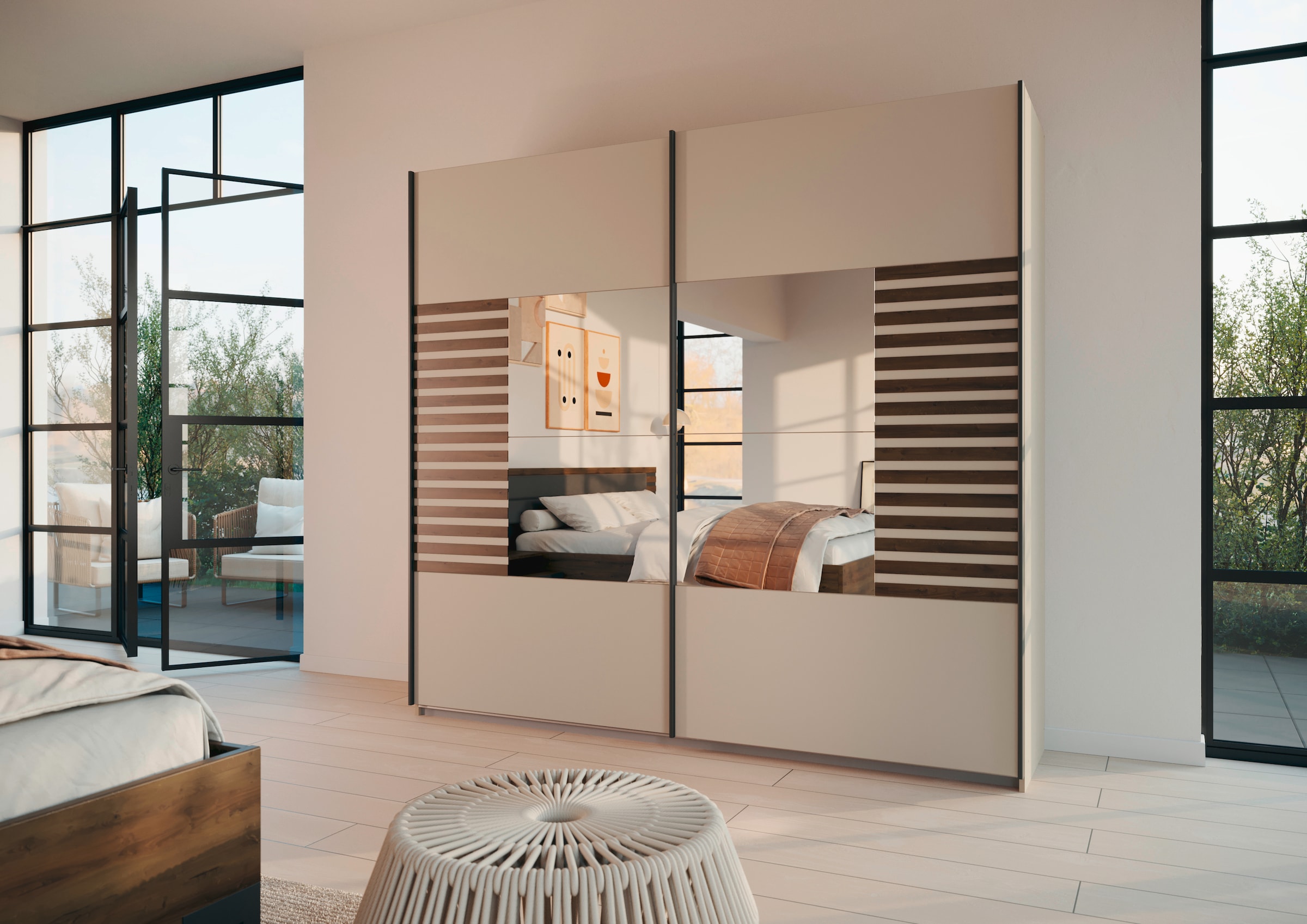 rauch Schwebetürenschrank »Kleiderschrank Schrank Garderobe Schlafzimmerschrank BAREA«, Front- Auflage in moderner Lamellen-Optik und Spiegel MADE IN GERMANY