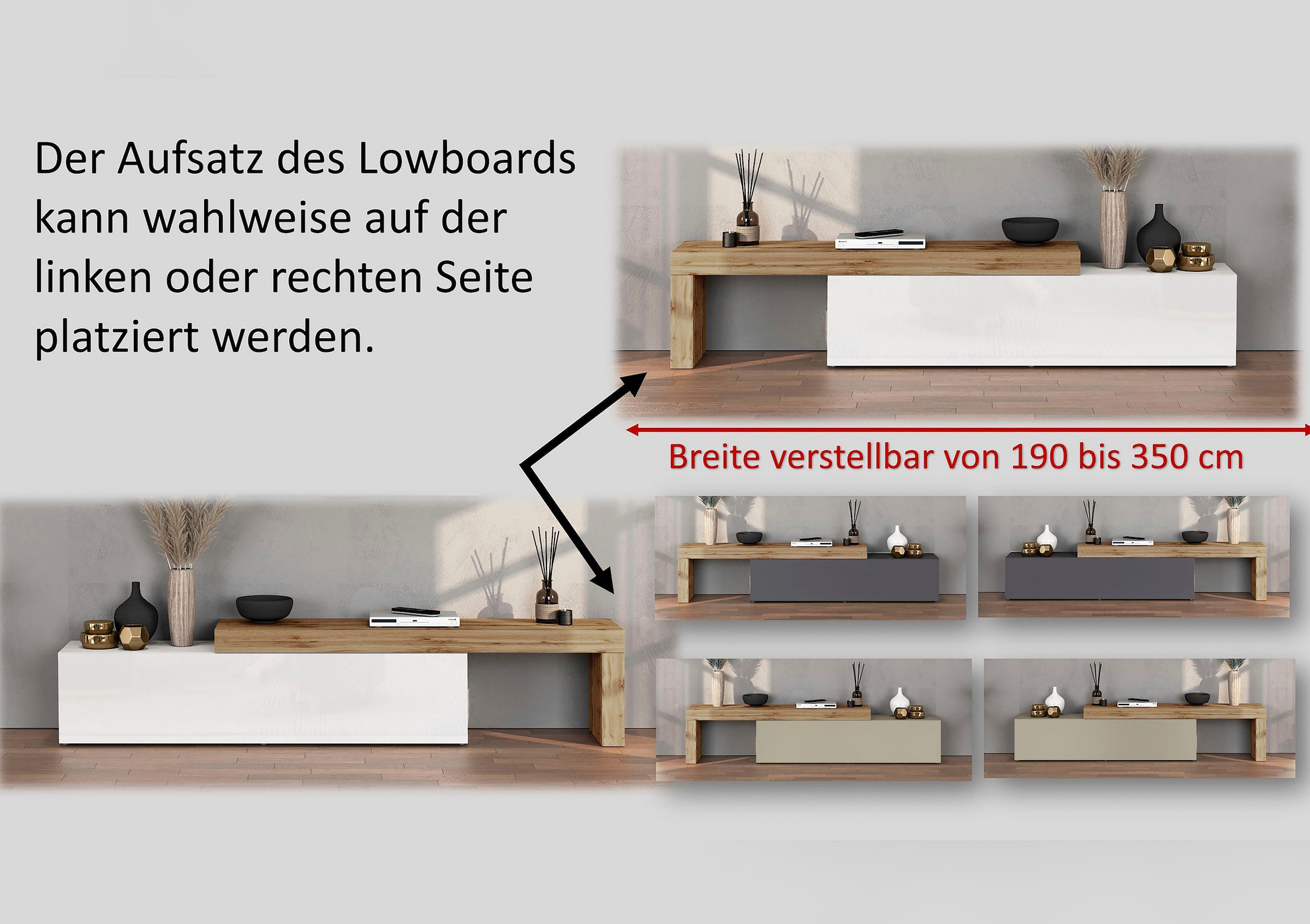 INOSIGN Lowboard »Chronos TV-Board, TV-Schrank«, (1 St., Breite verstellbar von 190 bis 350 cm), Breite 270 cm TV-Board,Lowboard,1 Klappe und ein L-Förmiger Aufsatz