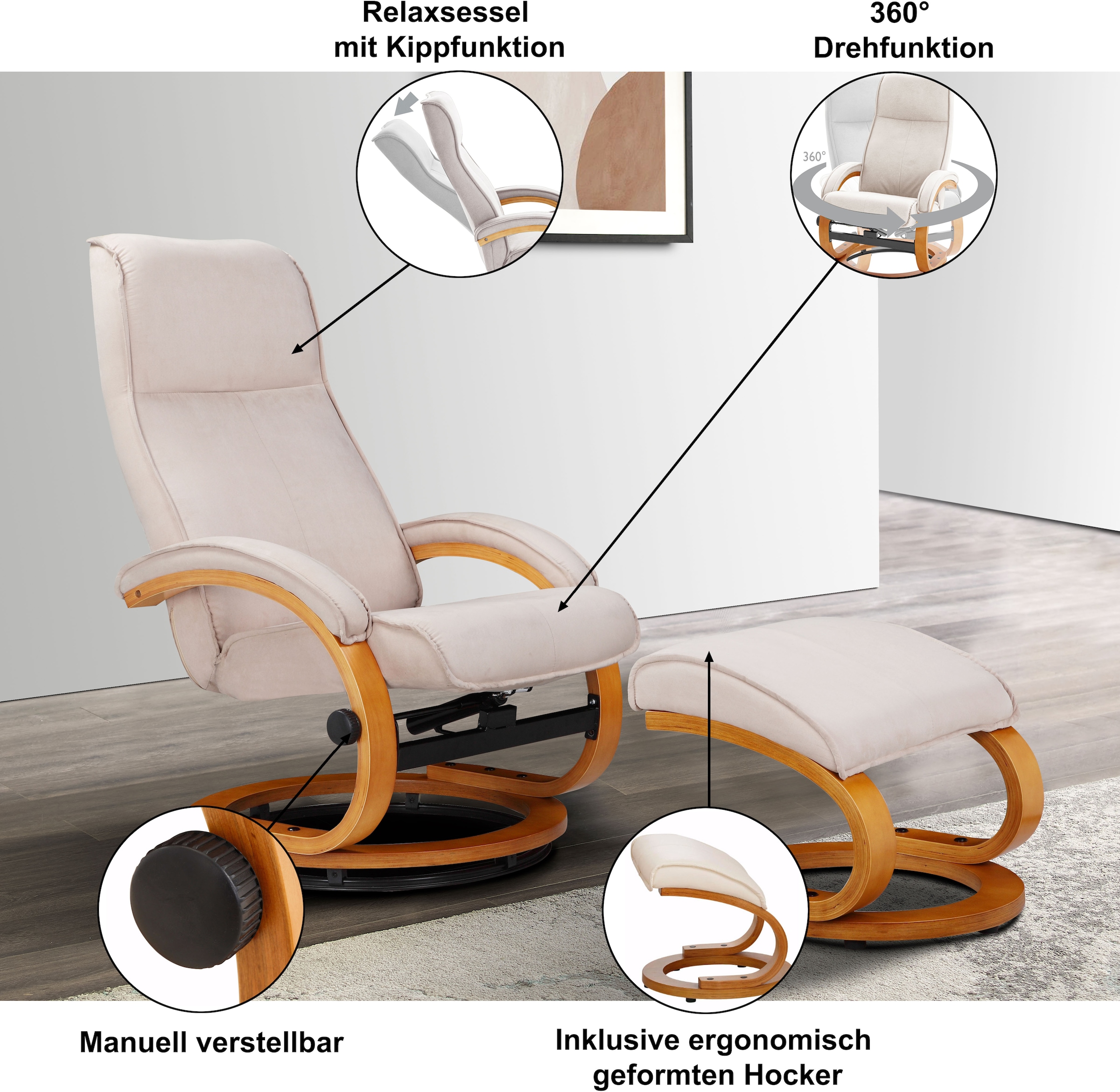 Home affaire Relaxsessel »Paris, TV-Sessel mit Hocker und manueller Liegefunktion« Set, bestehend aus Sessel und Hocker, 2 Stk. tlg. Dreh- und Kippfunktion