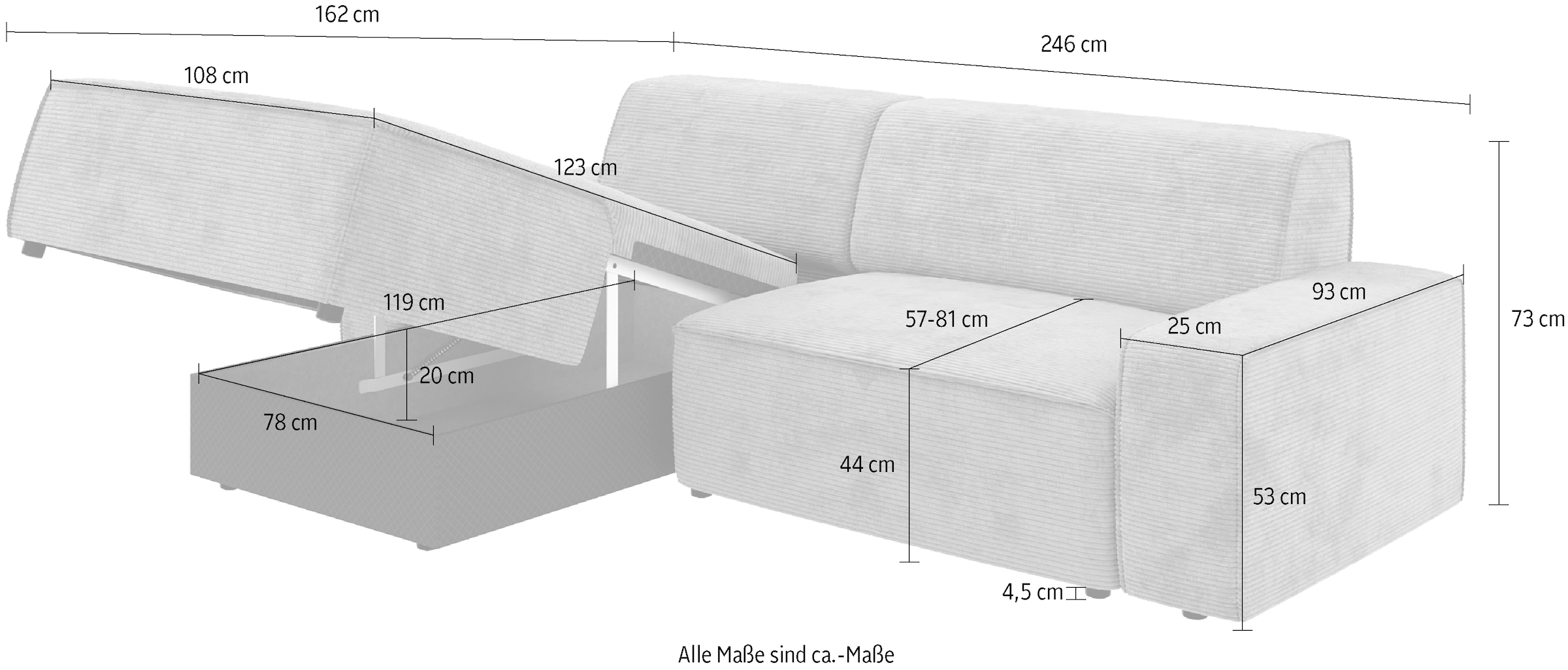 TRENDMANUFAKTUR Ecksofa »Graz, wahlweise mit Sitzvorschub und Bettkasten, L-Form, Breite 246 cm«, in Cord-, haustierfreundlichem LEO Struktur- oder LUMOS-3D-Bezug