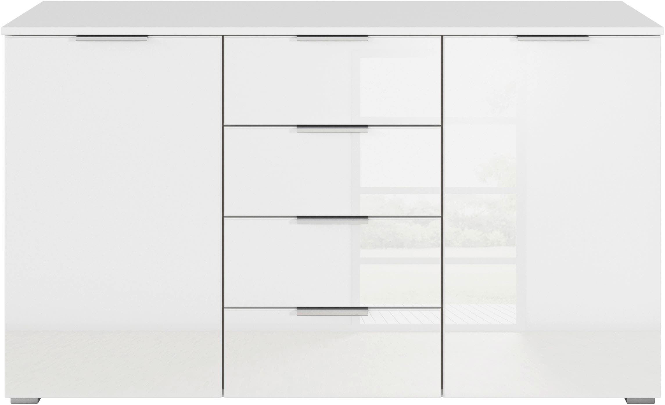 rauch Kombikommode »Sideboard Kombikommode Schubladenkommode AGORDO mit Glasfront«, (in zwei Griff-Farben, Breite 120 cm), vier große Schubladen, mit insgesamt 4 Einlegeböden MADE IN GERMANY