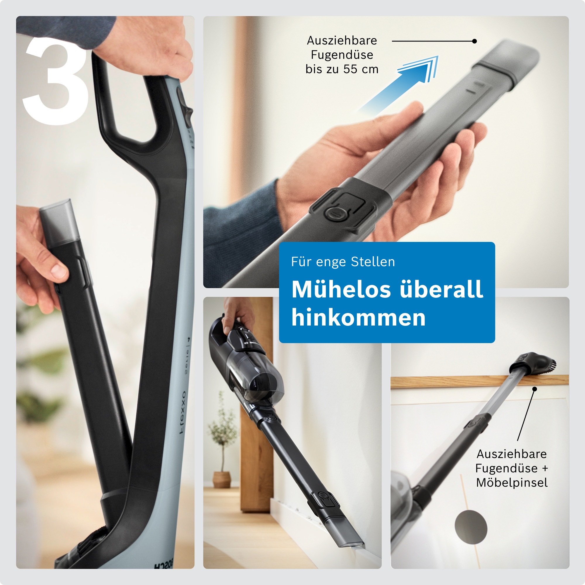 BOSCH Akku-Stielstaubsauger »Flexxo Serie 4 BCH4FM28/BCH4SM28, 2in1 Akku-Staubsauger, freistehend« kabellos, integriertes Zubehör, beutellos, 60 Min. Laufzeit