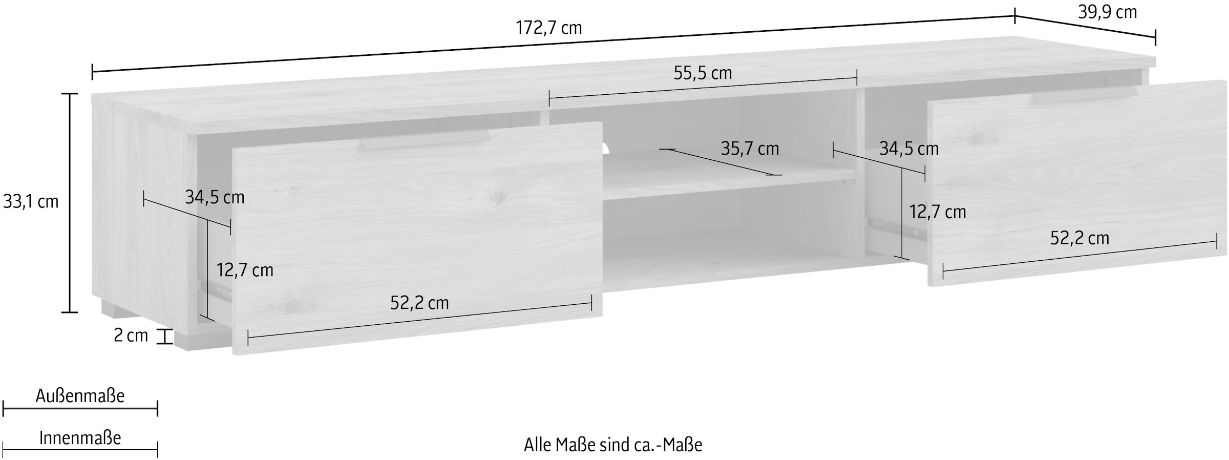 INOSIGN TV-Board »Match, TV-Möbel, Fernsehtisch, TV-Unit, Media-Möbel, Sideboard,«, mit 2 Schubladen und 1 offenen Fach, Breite 172,7 cm, Höhe 33 cm