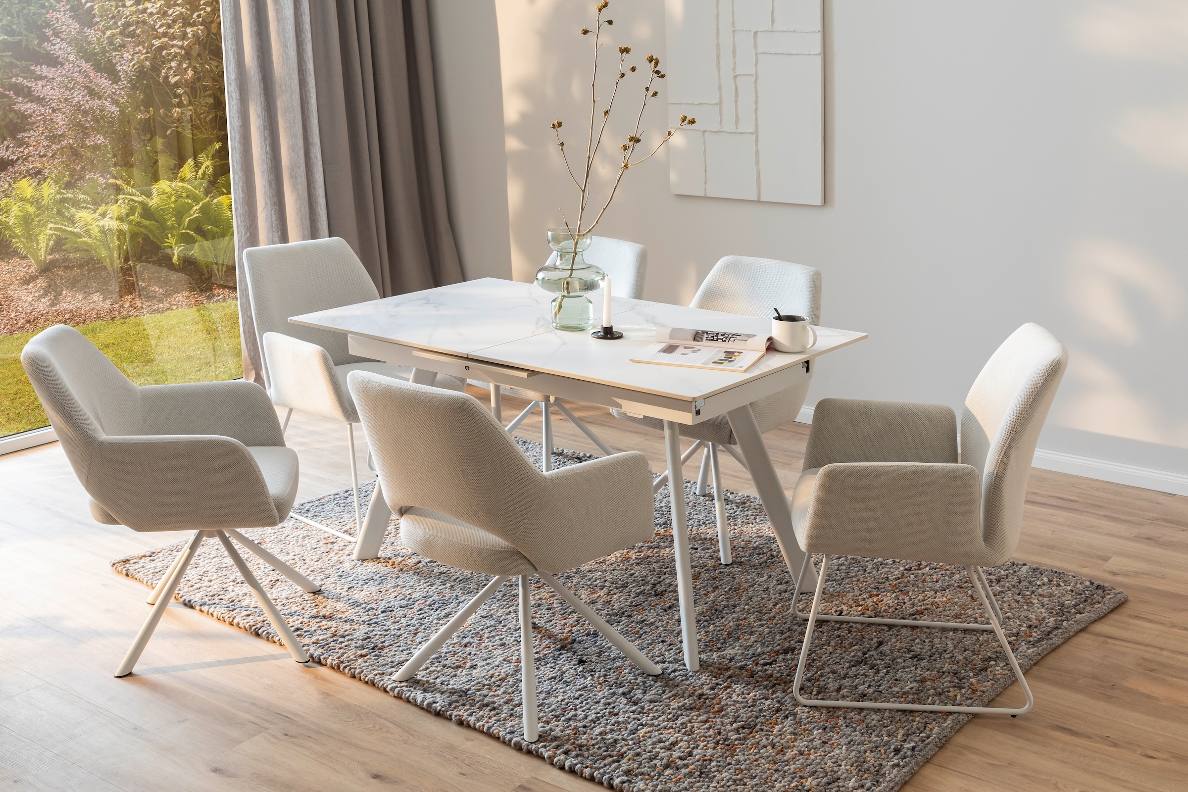 MCA furniture Esstisch »PARENZO Auzugtisch 140-180 cm weiß marmoriert - bis 8 Personen«, (1 St.), Keramik, Metall weiß, Synchronauszug, ausziehbar, 6-8 Personen