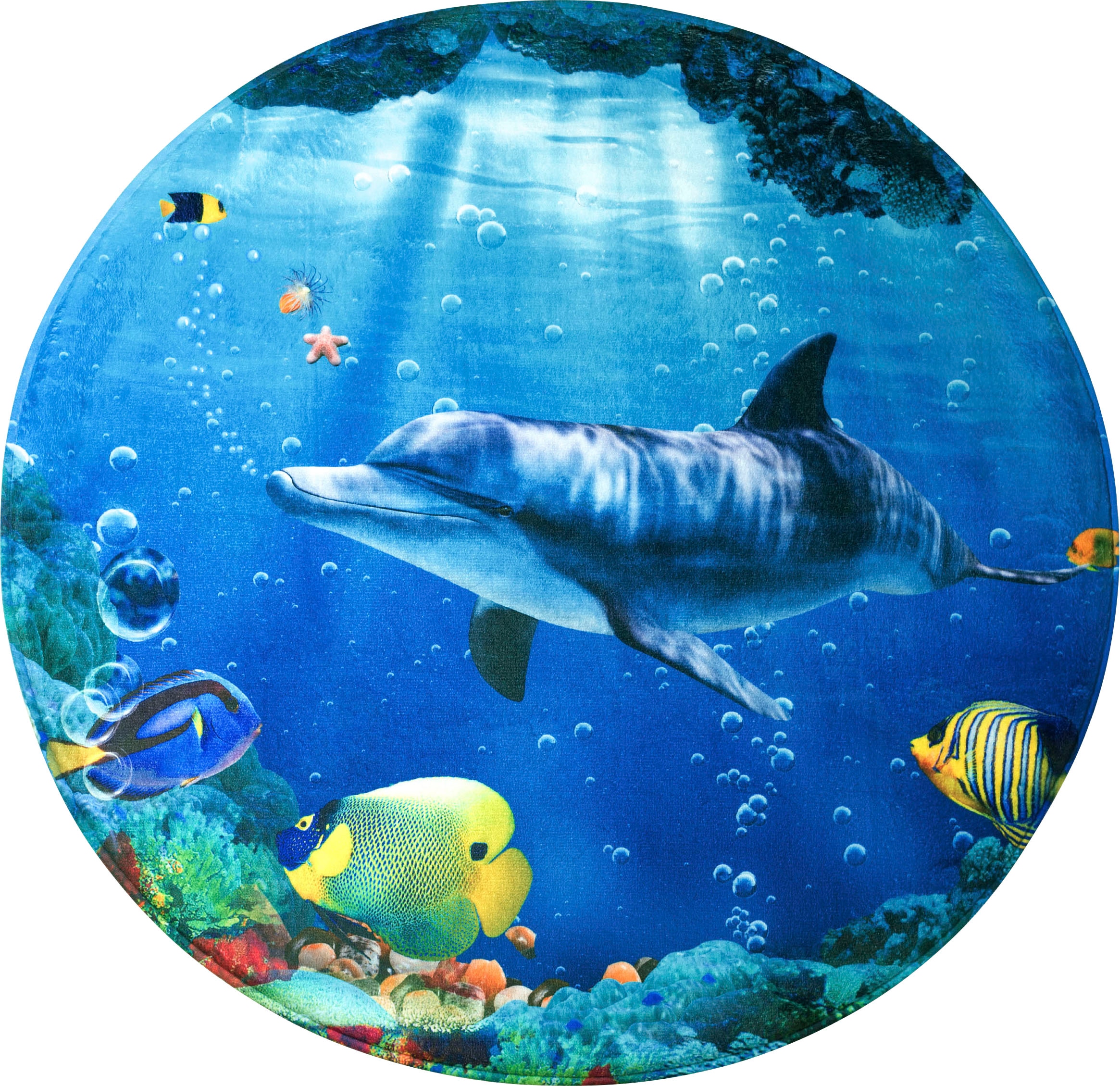 Sanilo Schaum-Badematte »Delphin Korallen«, Höhe 15 mm, Memory Schaum-rutschhemmend beschichtet, fußbodenheizungsgeeignet-schnell trocknend-strapazierfähig, super weich, kräftige Farben, rutschhemmend, waschbar, Ø80cm