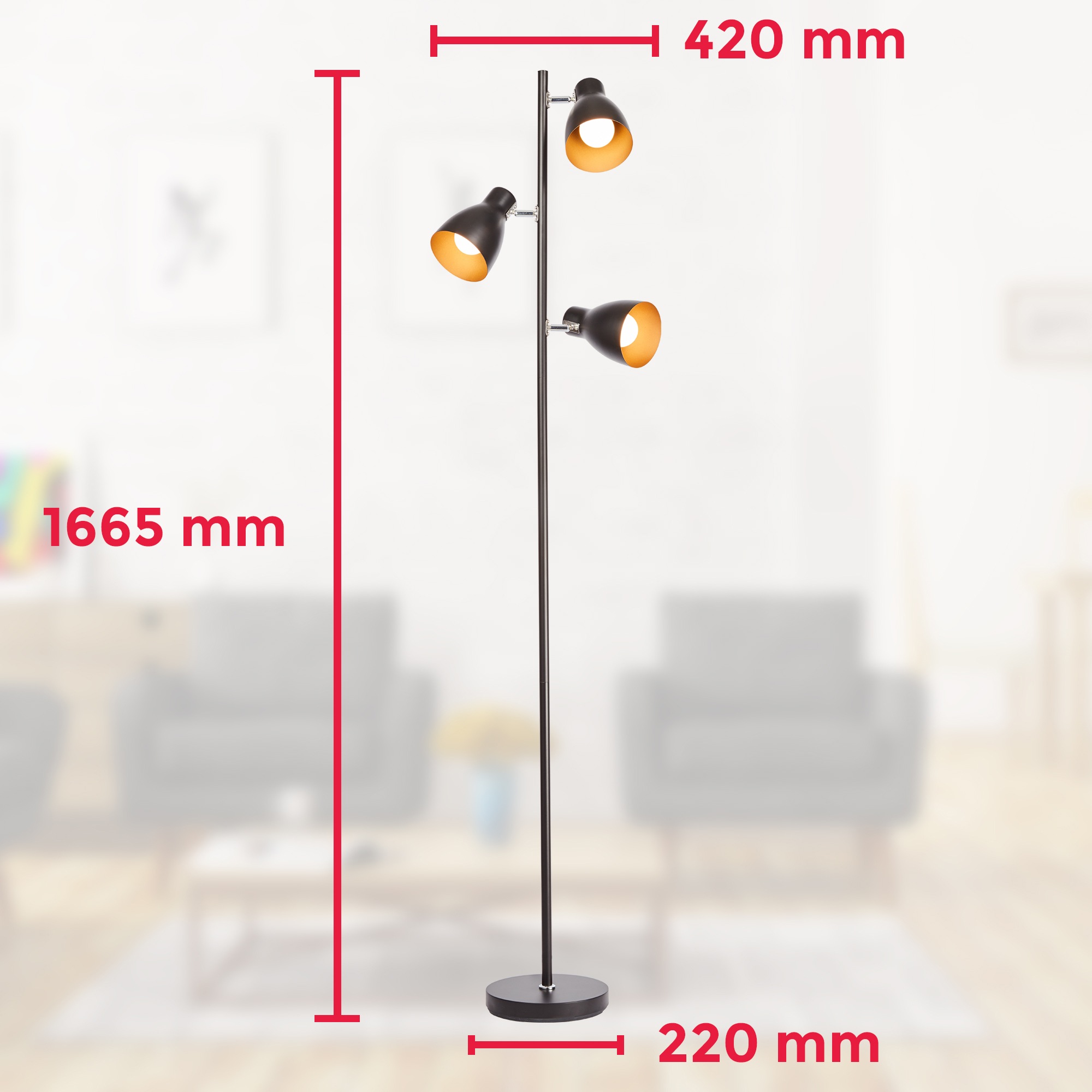 B.K.Licht Stehlampe, 3 flammig, Leuchtmittel E27 | ohne Leuchtmittel, LED Stehleuchte Design Standleuchte Retro Vintage Metall schwarz-gold