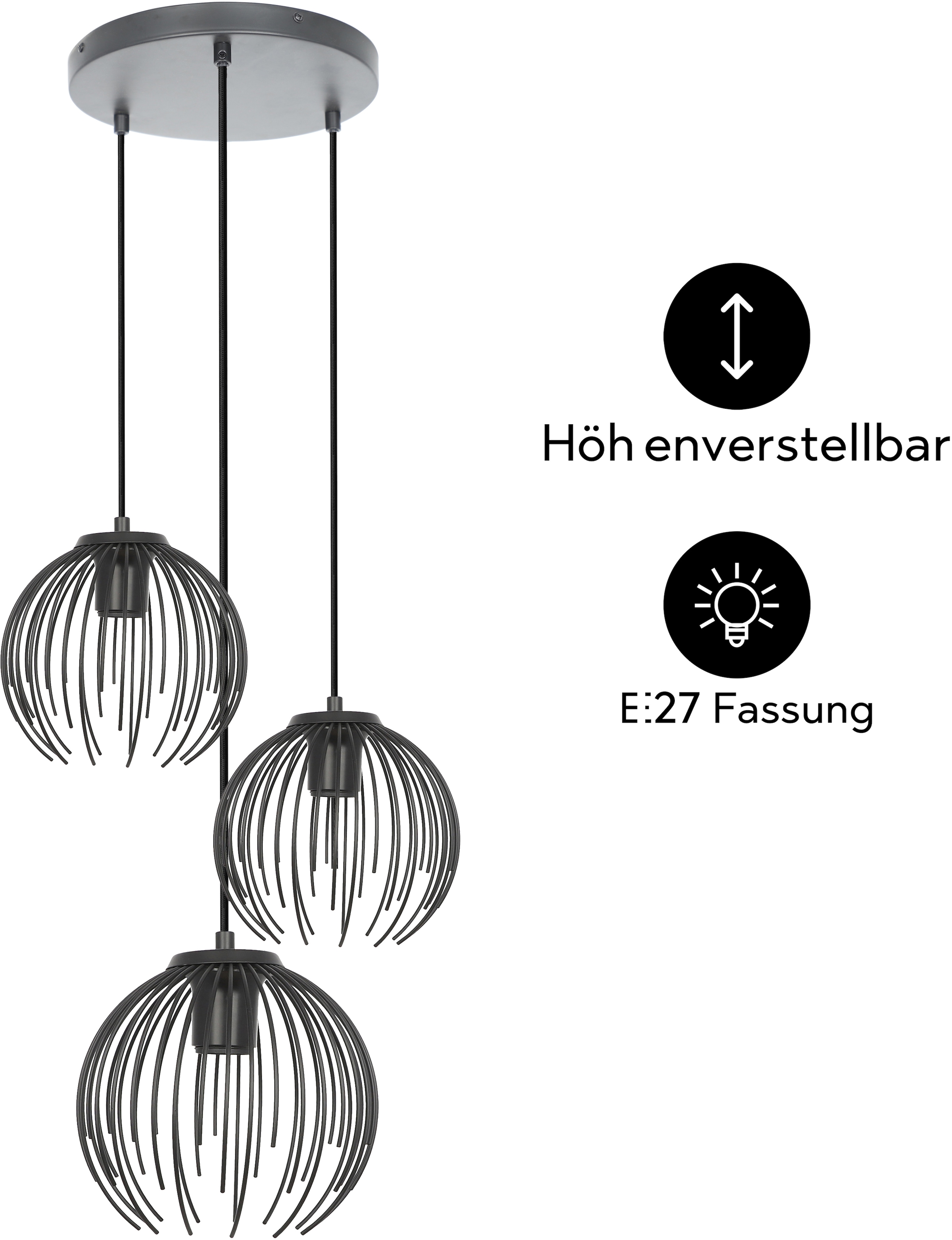 OTTO home Pendelleuchte »Tonnia - Hängelampe, höhenverstellbar, 3er Rondell, Metall,« E27 1 Stk. Wohnzimmer, modern, ballonförmiger Lampenschirm, Pendellampe