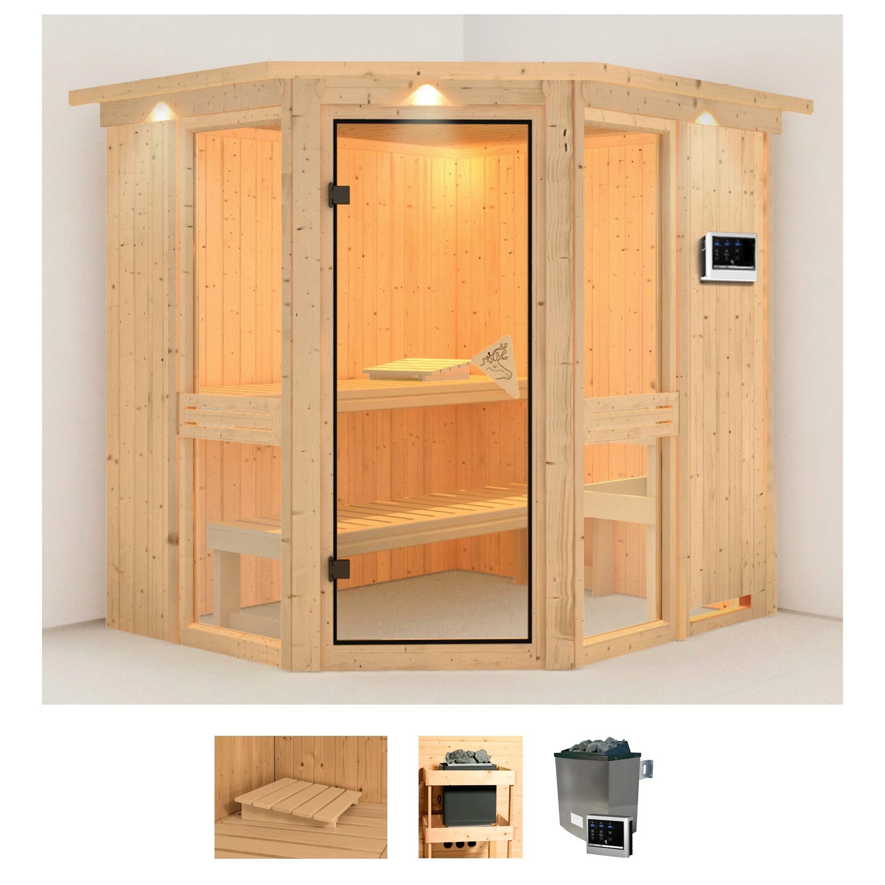 Karibu Sauna „Aline 1“, (Set), 9-kW-Ofen mit externer Steuerung naturbelassen