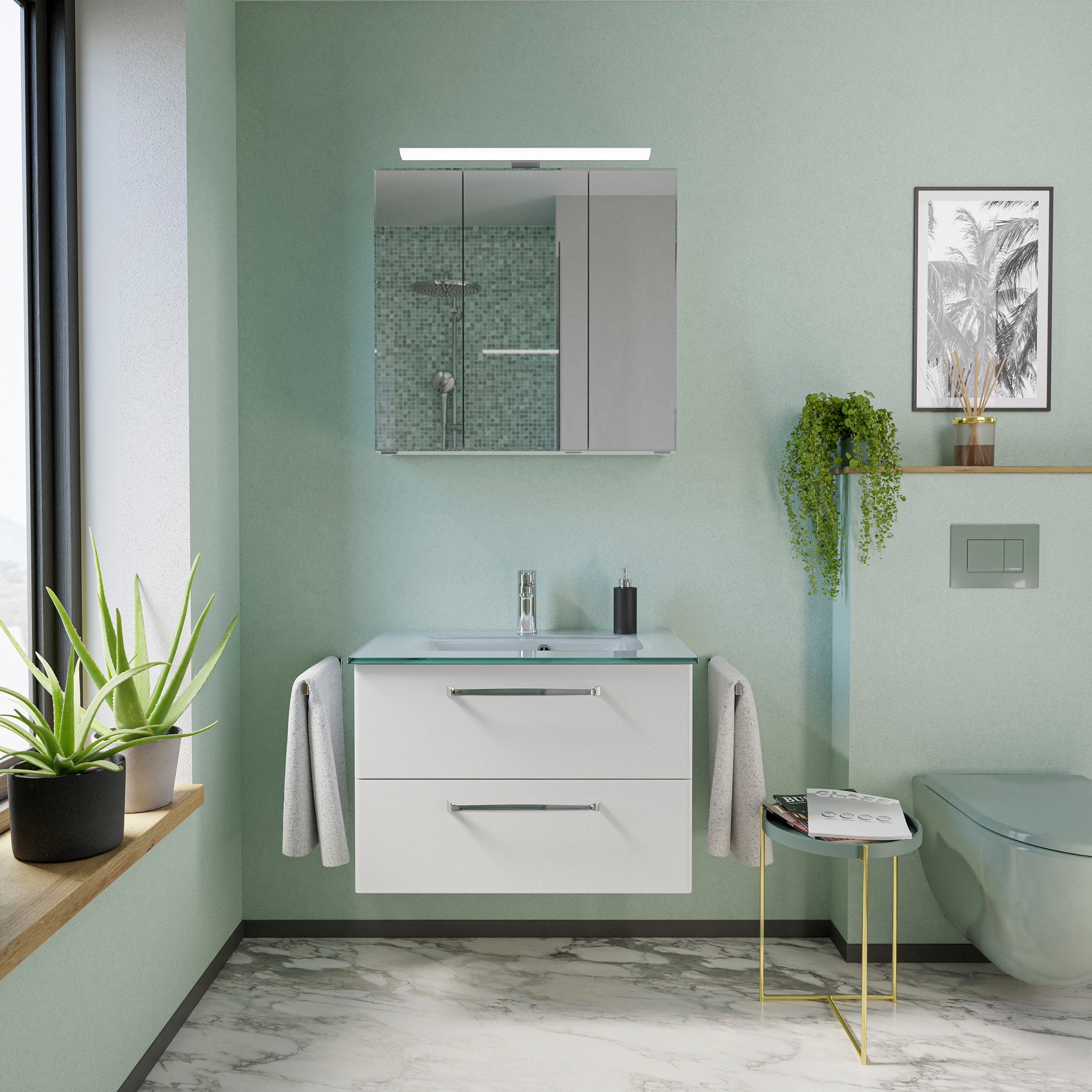 Saphir Badmöbel-Set »Badmöbel-Set Trentino 3-teilig Glas-Waschtisch mit LED günstig online kaufen
