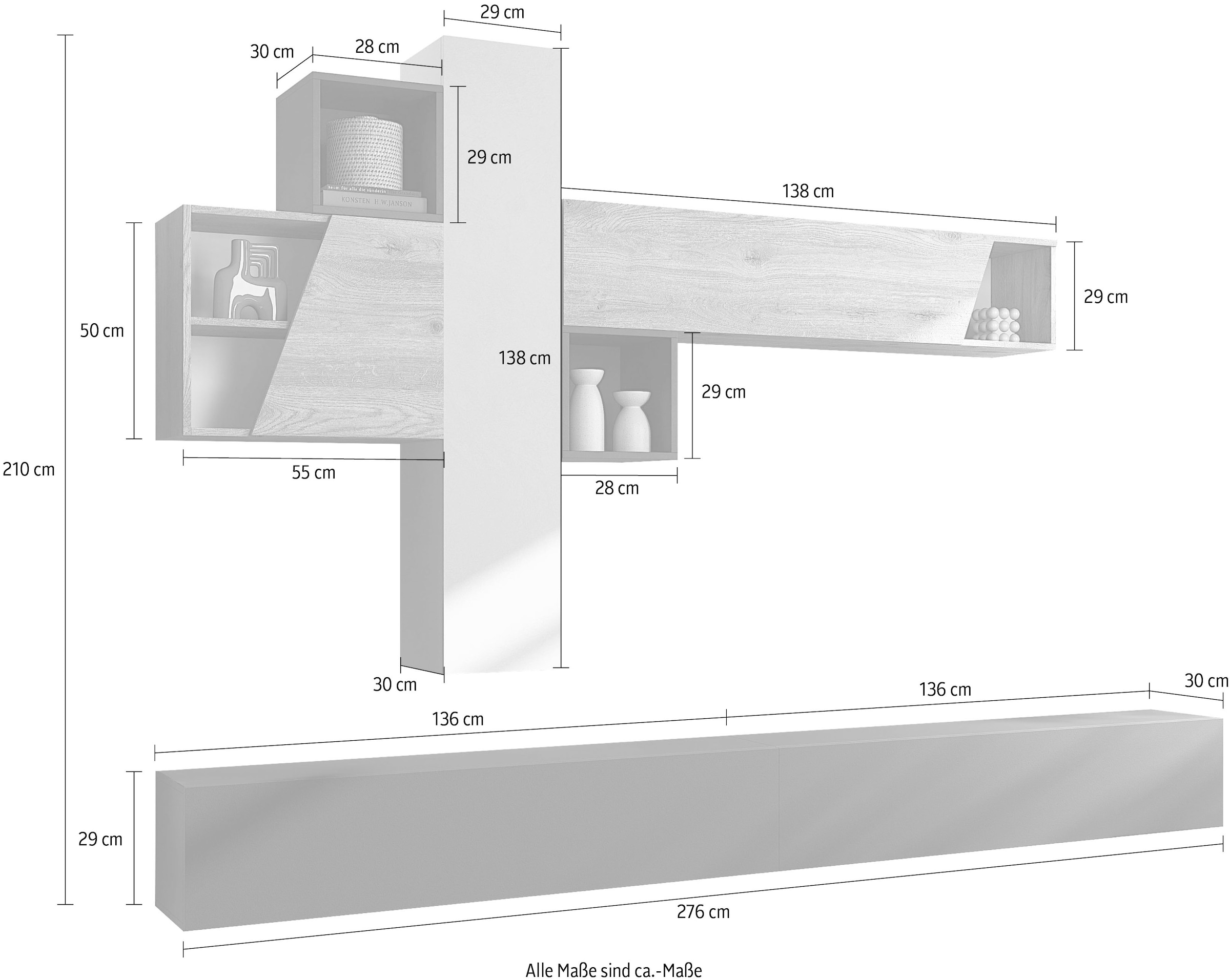 INOSIGN Wohnwand »INFINITY, 6tlg. Breite 276 cm, moderne Mediawand,«, (6 St.), (2x Lowboard hängend, Hängewürfel, 2x Hängeschrank, Würfelregal Set)