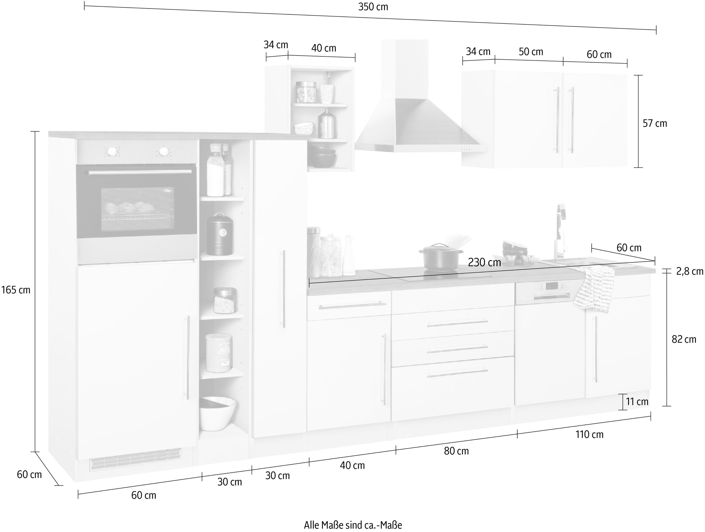 HELD MÖBEL Küchenzeile »Samos«, mit E-Geräten, Breite 350 cm mit  Stangengriffen aus Metall auf Rechnung bestellen
