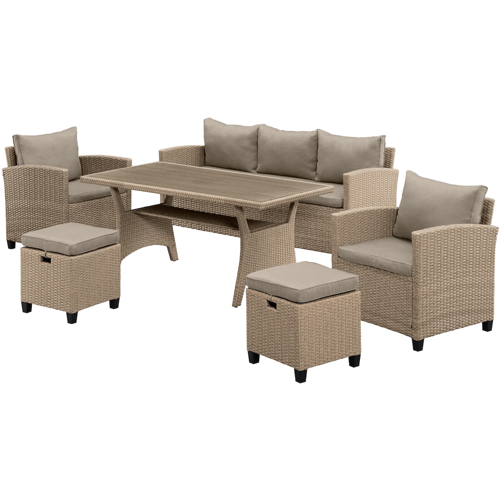 KONIFERA Gartenlounge-Set »Amsterdam«, (Set, 16 tlg., 1x 3er Sofa, 1x 2 Sessel, 2x Hocker, 1xTisch 144,5x74x67cm,Polyrattan), Stahl, Ablagefläche unter dem Tisch, Diningset, Loungeset