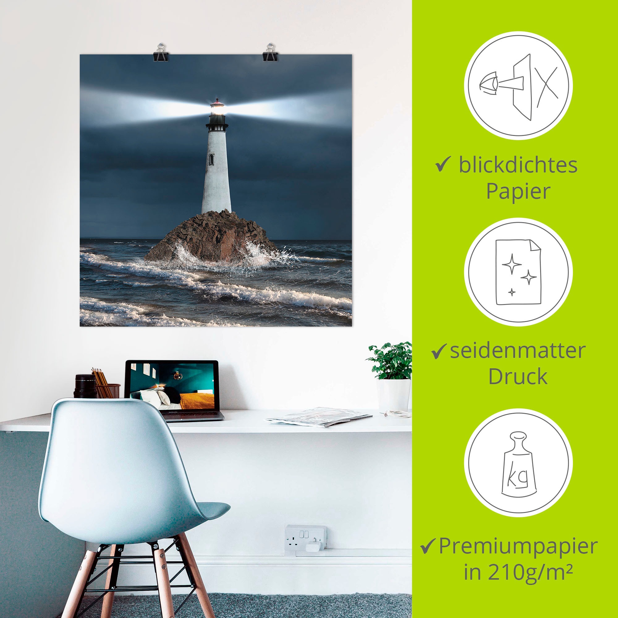 Artland Wandbild »Bild von Leuchtturm mit Lichtstrahl«, Gebäude, (1 St.), als Alubild, Outdoorbild, Leinwandbild, Poster, Wandaufkleber