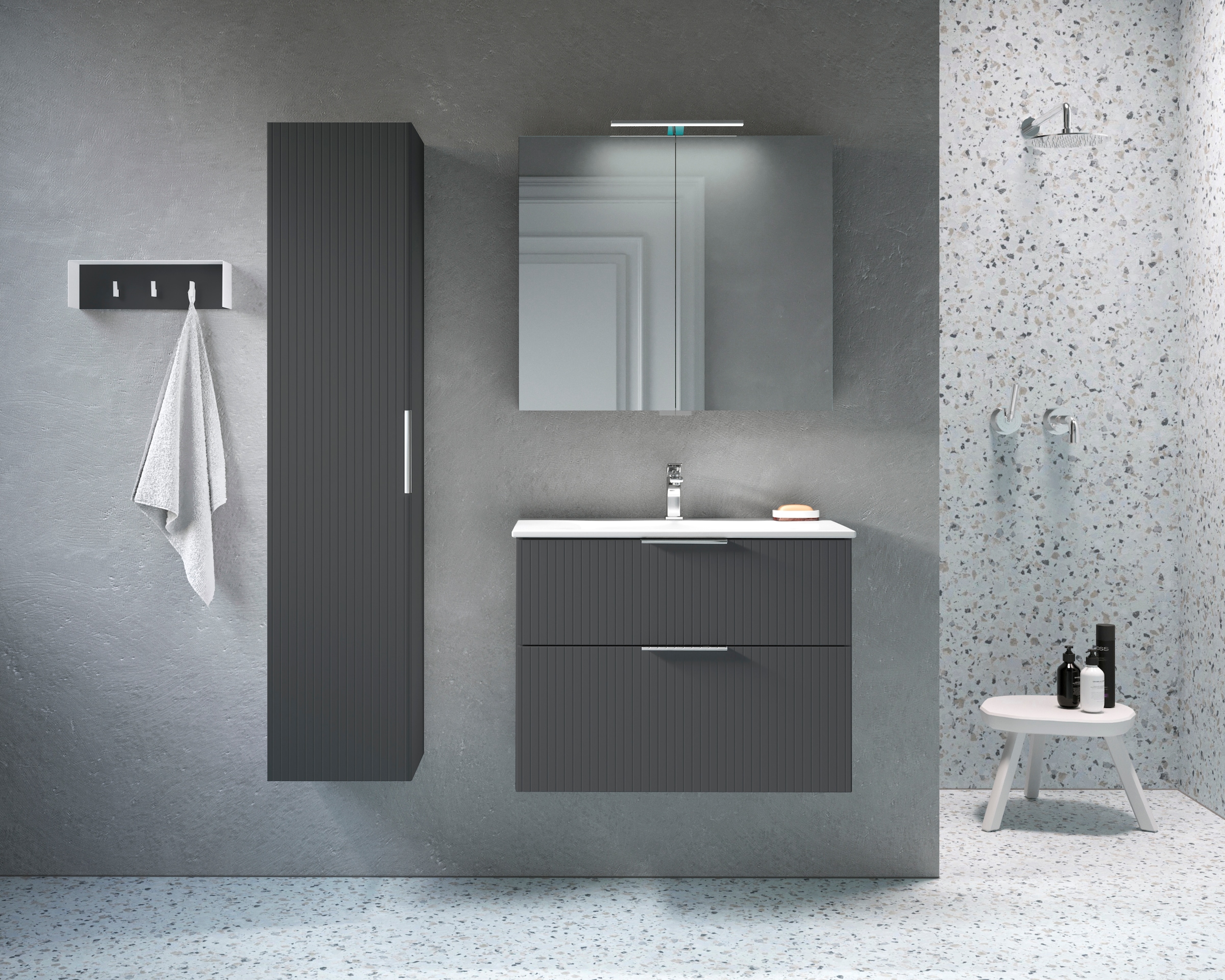 welltime Waschtisch »G-Line«, mit Keramik Waschbecken, Schubladen mit Softclose, trendig geriffelt