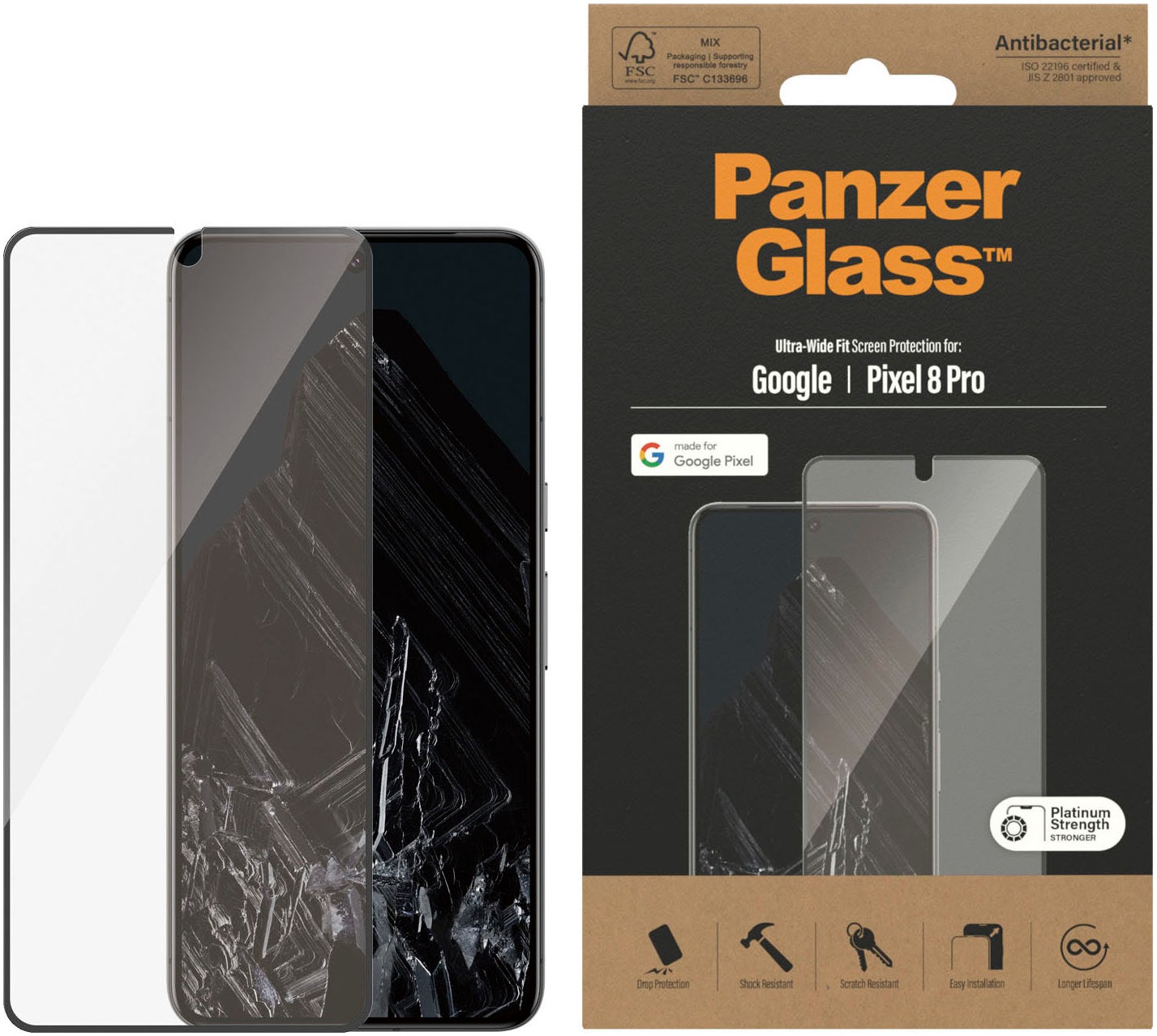 PanzerGlass Displayschutzfolie »Displayschutz Google Pixel 8 Pro - Ultra-Wide Fit«, für Google Pixel 8 Pro, (1 St.), Kratz-& Stoßfest,Antibakteriell,Berührungsempfindlich,Simpel Anbringen