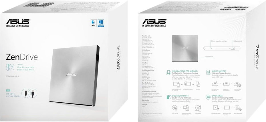 Asus Disc-Laufwerk »SDRW-08U9M-U«, (USB 2.0-USB Type-A DVD 8 fachx/CD 24 fachx)