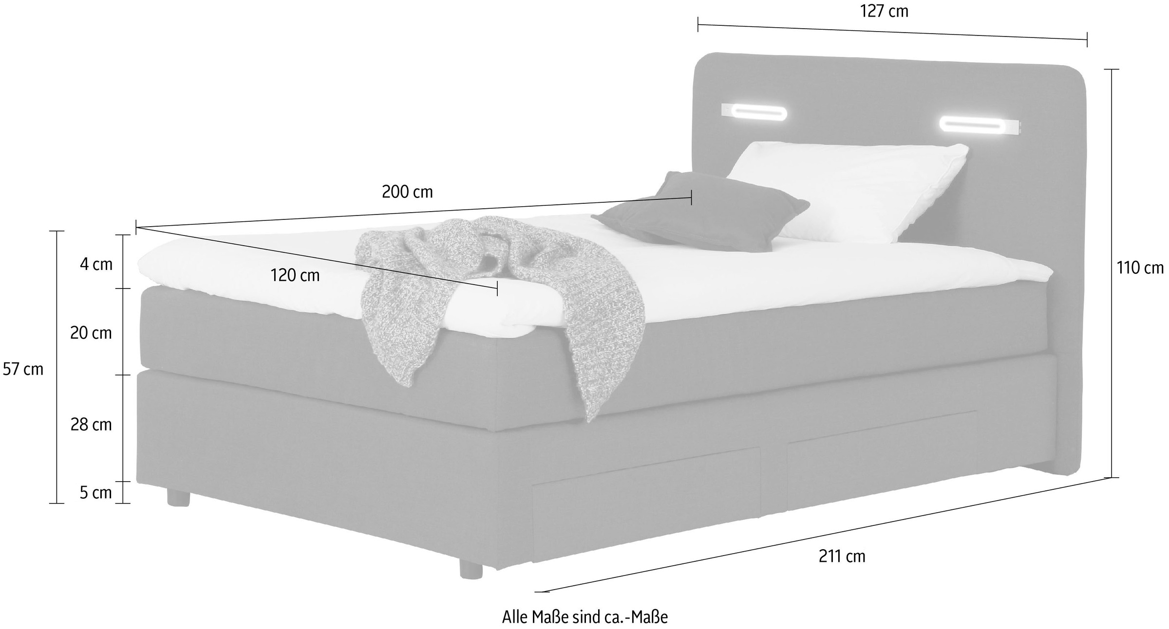 INOSIGN Boxbett »Luan«, Schubkästen, LED-Beleuchtung und Topper, in Breite 120 cm und 180 cm