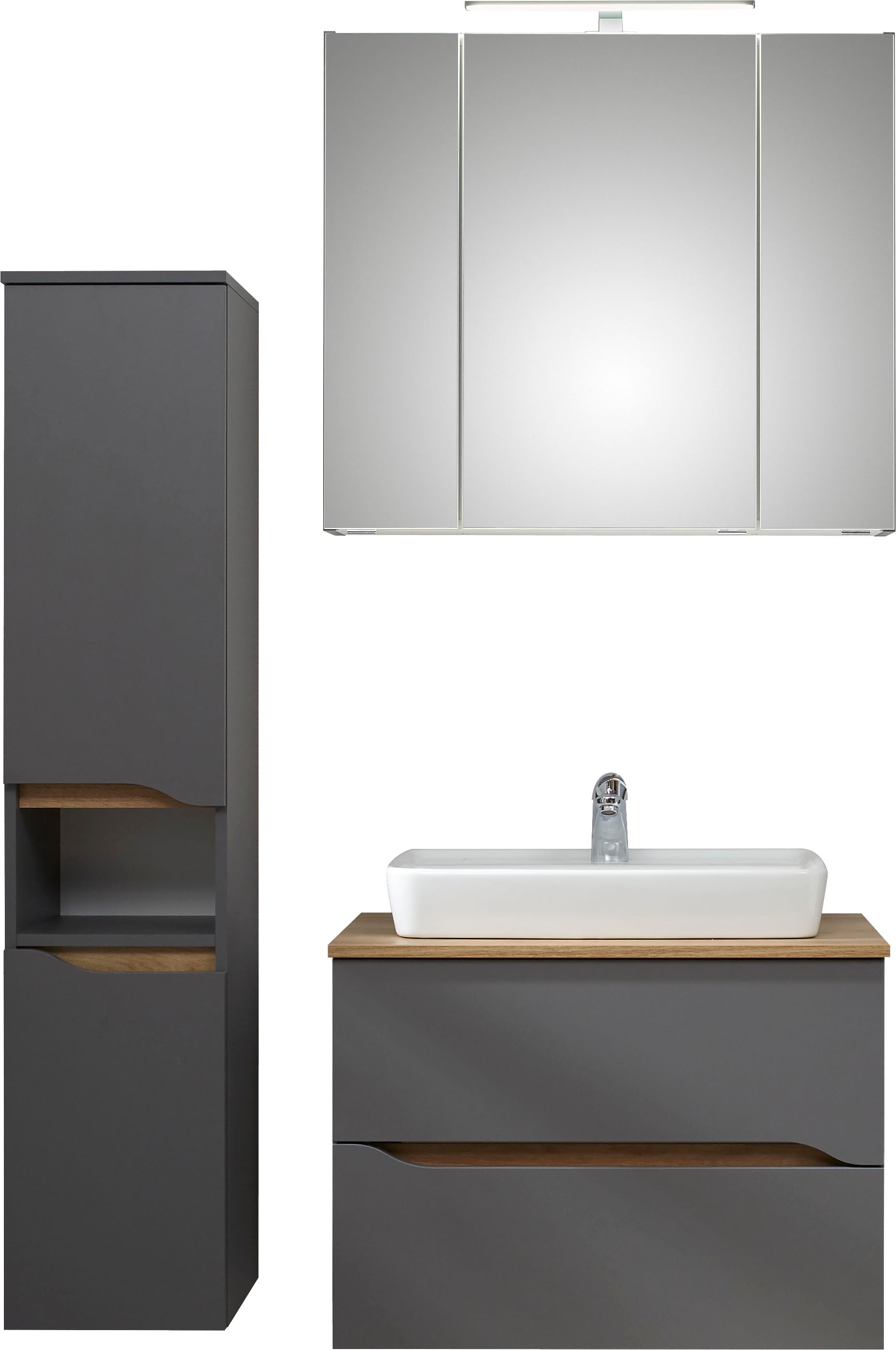 Saphir Badmöbel-Set »Quickset 3-teilig, Keramik-Aufsatzbecken mit LED-Spiegelschrank«, (3 St.), Midischrank, inkl. Türdämpfer, 2 Schubladen, 5 Türen, 8 Einlegeböden