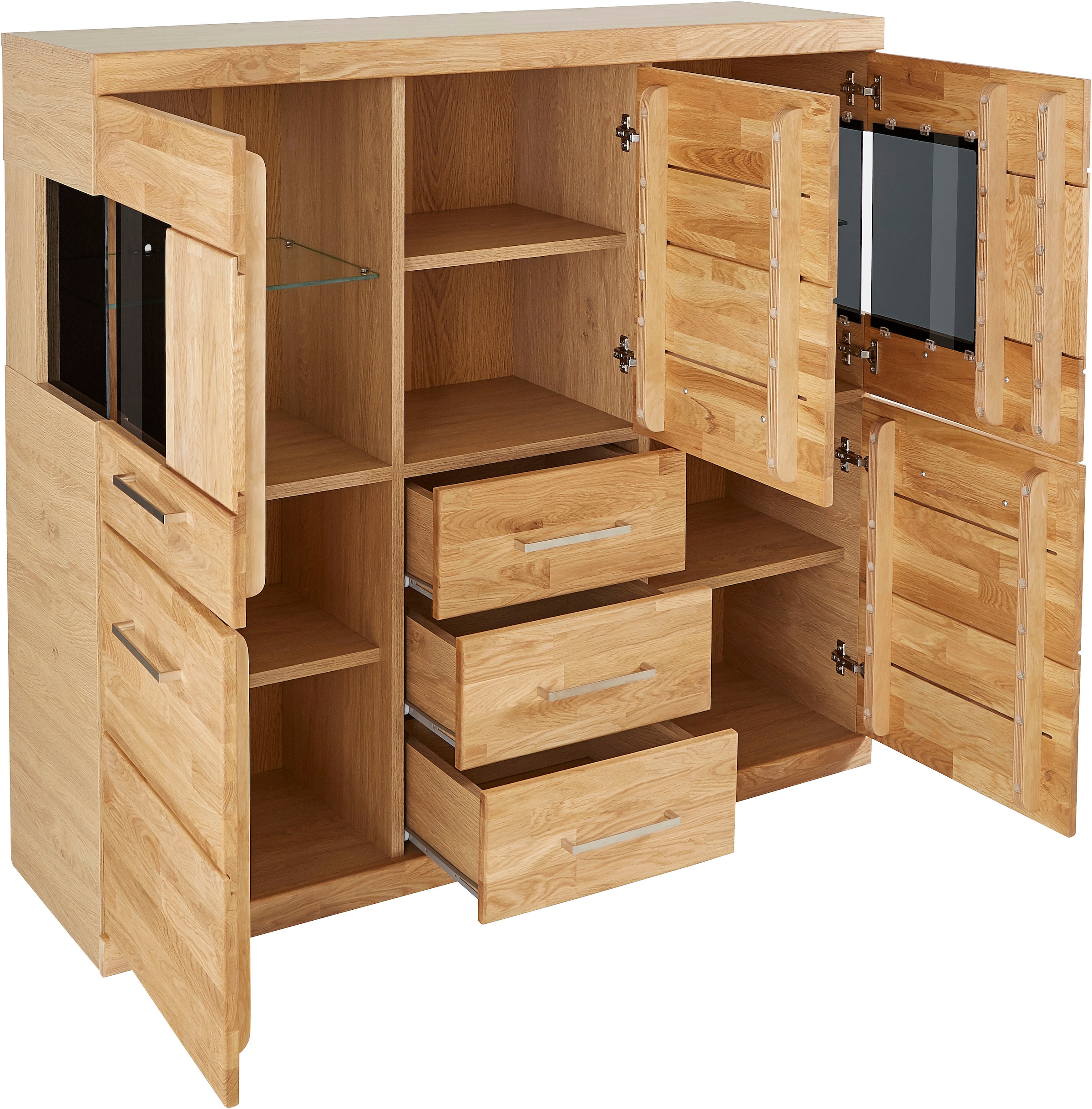 Home affaire Highboard »Ribe,125cm breit,115cm hoch, Fronten Massivholz,5Türen,3 Schubladen«, Holz massiv, Holzwerkstoff, Metall Griffe,10Fächer, Böden versetzbar