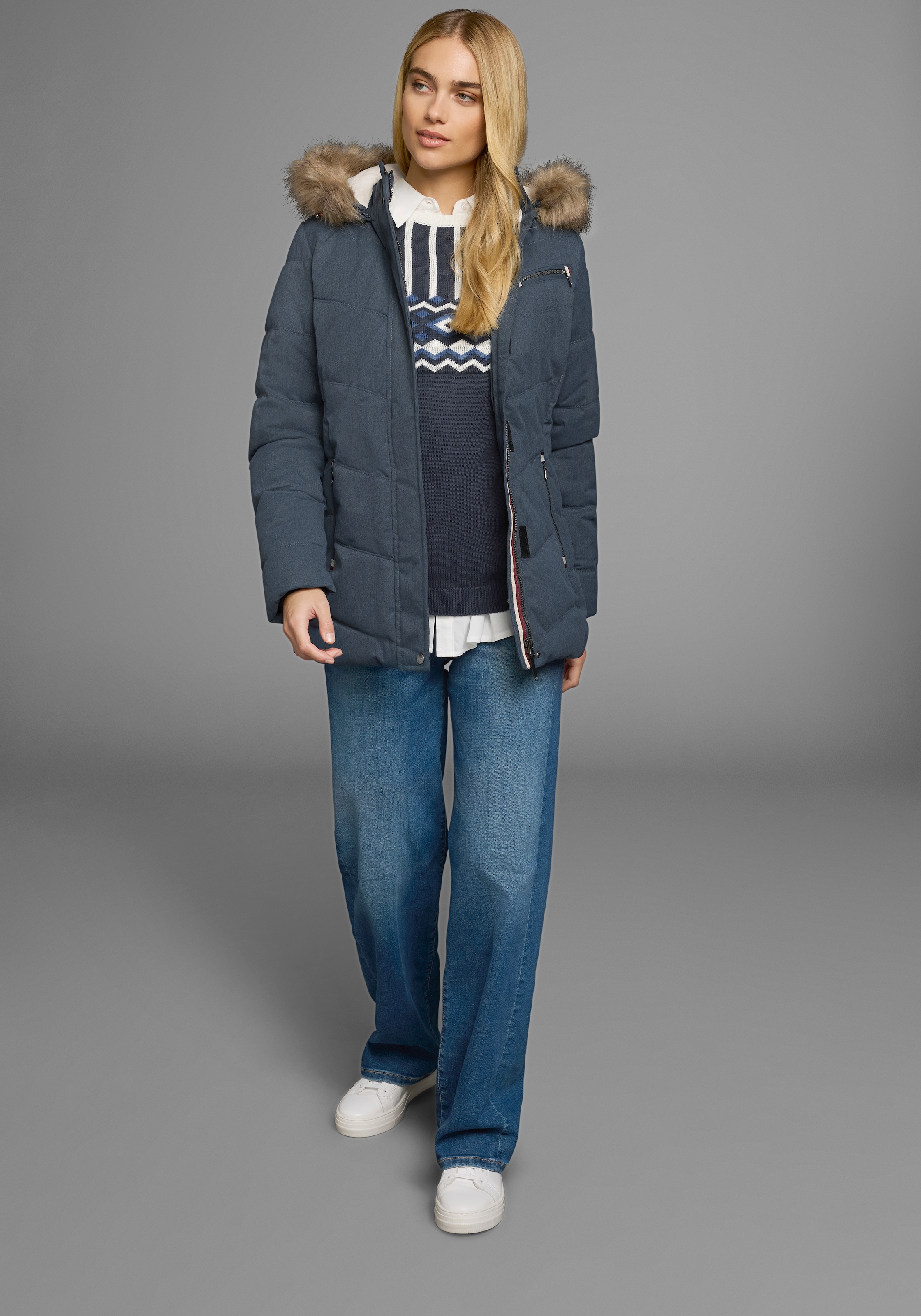 Polarino Steppjacke mit Kapuze mit abnehmbarer Kapuze,  mit Fellimitat,  viele Taschen