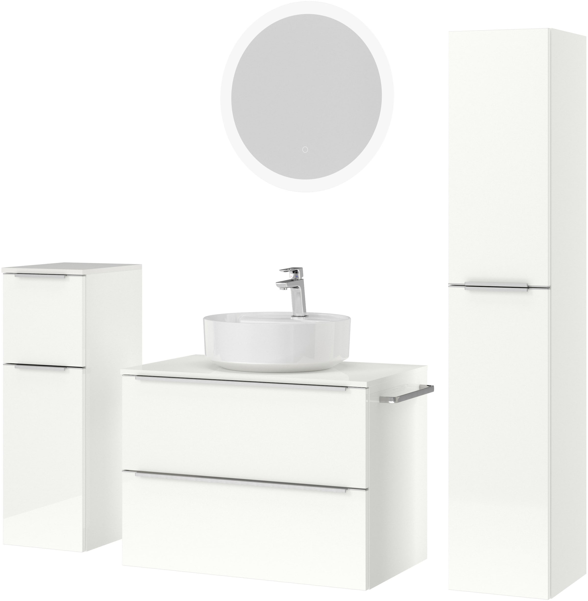 nobilia® Badmöbel-Set »Alvene«, (4 St., vormontiert, mit Soft-Close), Hochglanz, inkl. Spiegel mit Touch-Sensor, in vier Breiten