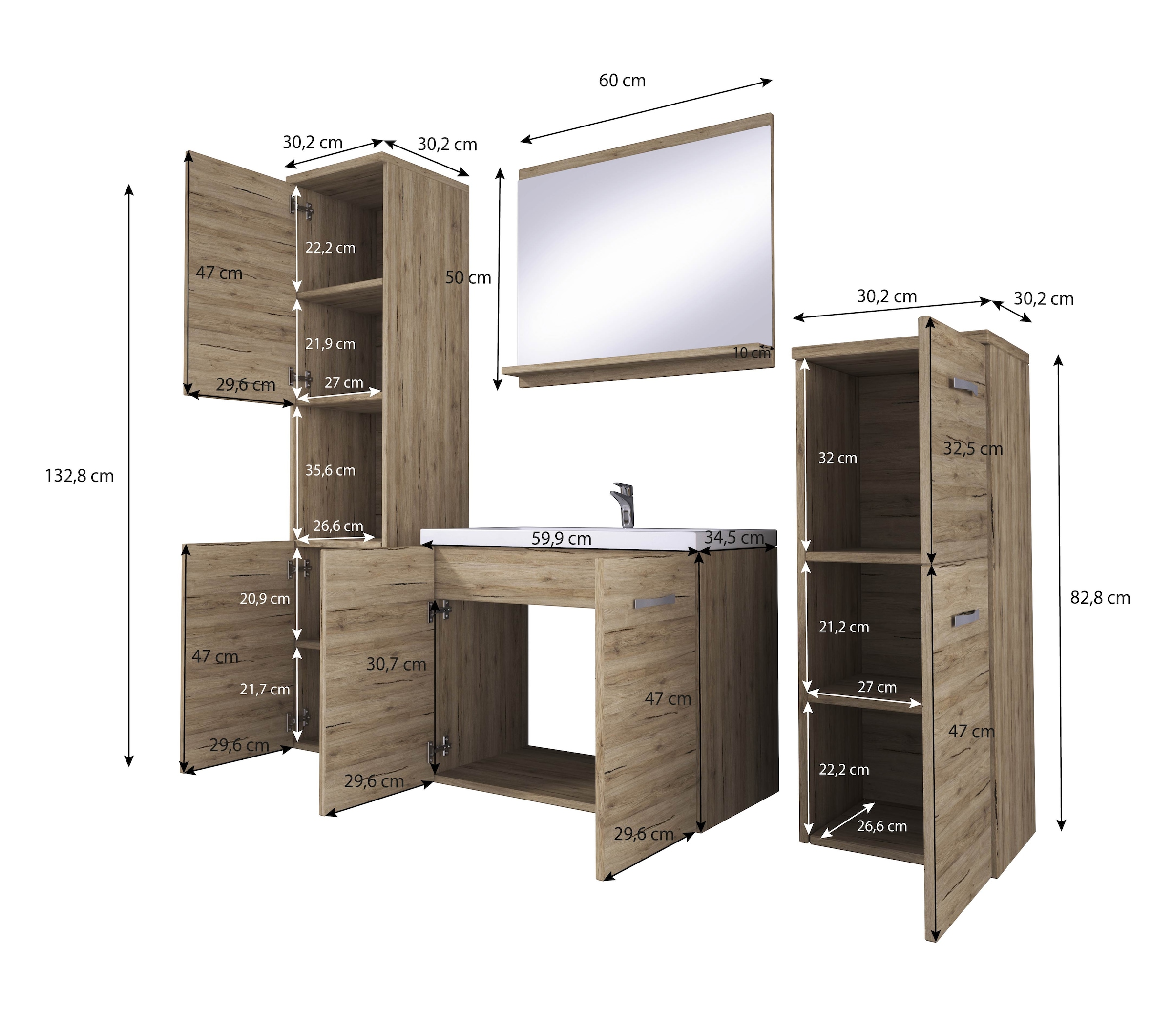 welltime Badmöbel-Set »PARLA«, (Komplett-Set, 5 St.), Waschtisch inkl. Waschbecken, Spiegel, Hochschrank und Hängeschrank
