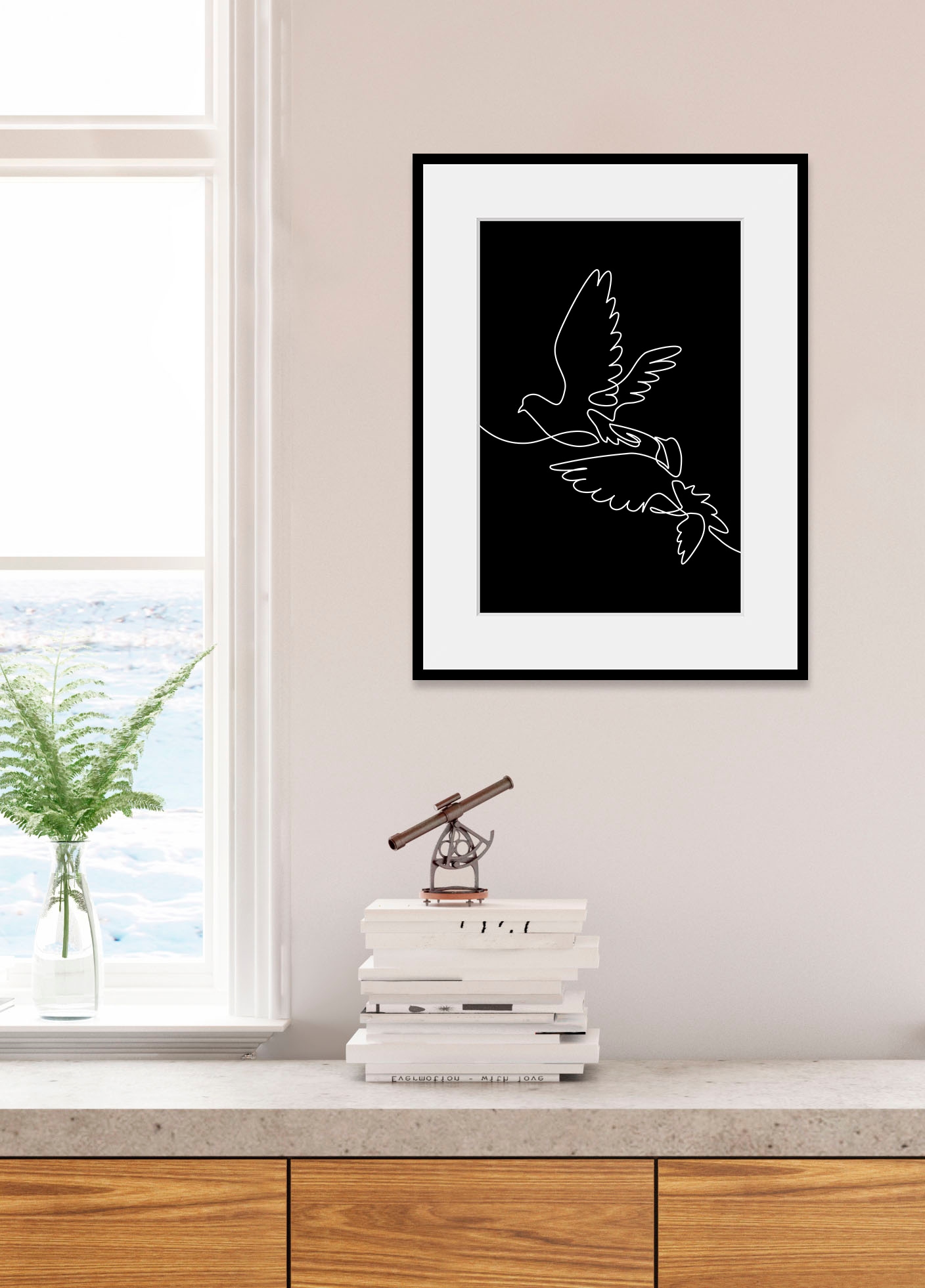 queence Bild »Gezeichnete Taube«, Kunst-Schwarz-Weiß-Vögel-Vogelbilder, (1 St.), HD Premium Poster-Druck inkl. Holzrahmen