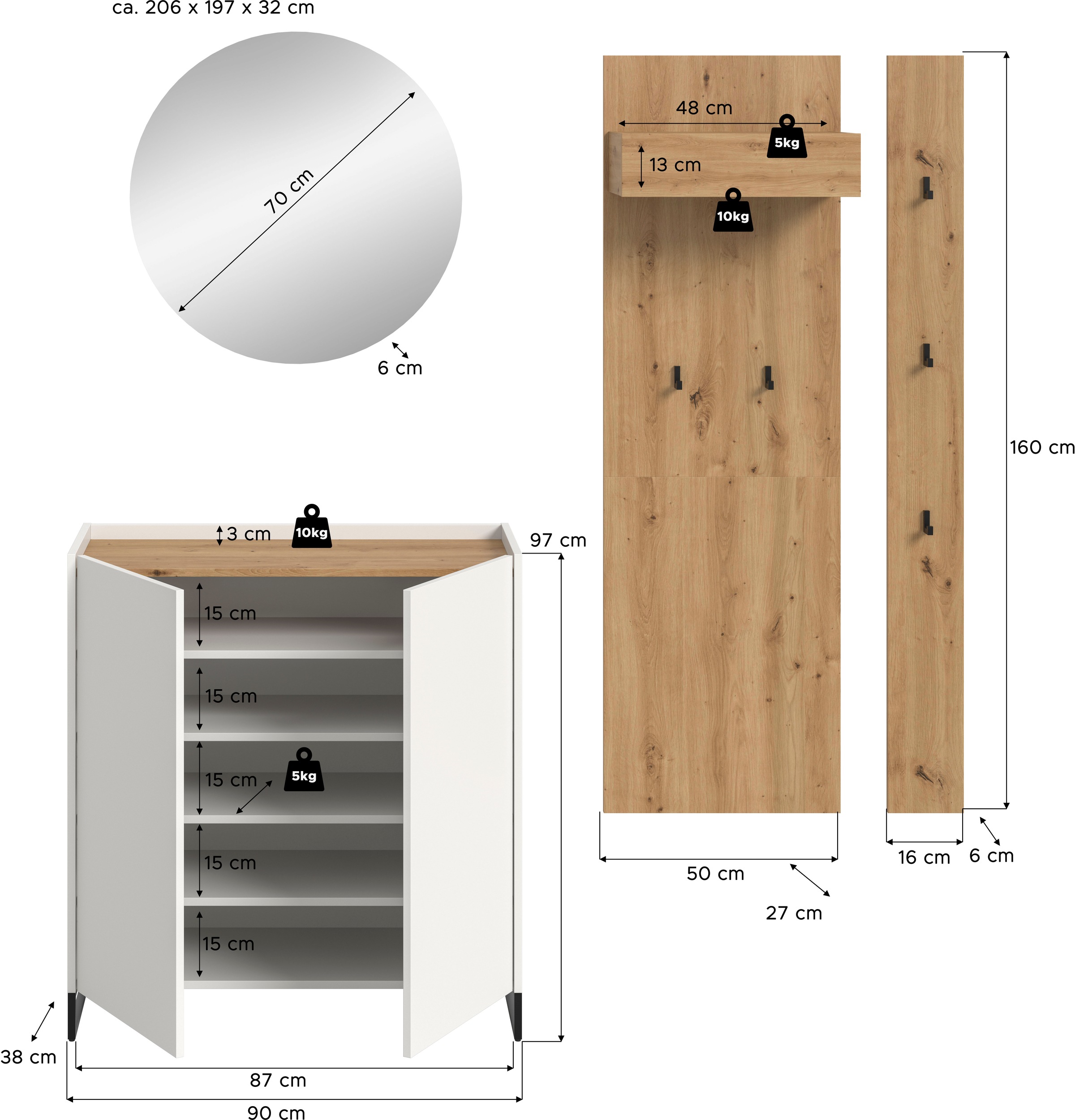 INOSIGN Garderoben-Set »EVRID, 4-teilig, Breite 206 cm, individuell stellbar & erweiterbar« best. aus: Kommode, Spiegel, Garderobenpaneel & Hakenleiste, 4 Stk. tlg.