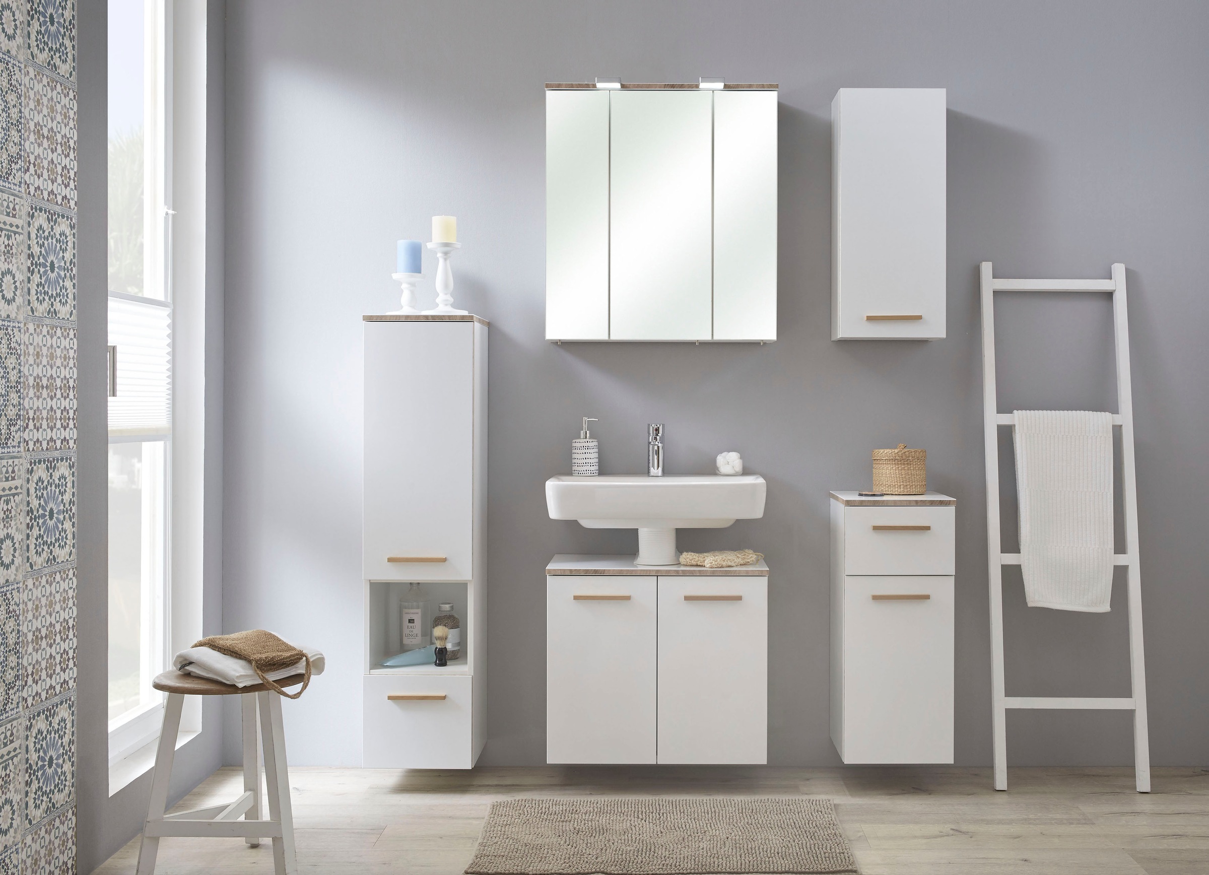 Saphir Unterschrank »Quickset 931 Badschrank in Weiß Glanz, 1 Tür, 1 Schublade, 30 cm breit«, Badezimmer-Unterschrank inkl. Türdämpfer, Holzgriff Eiche