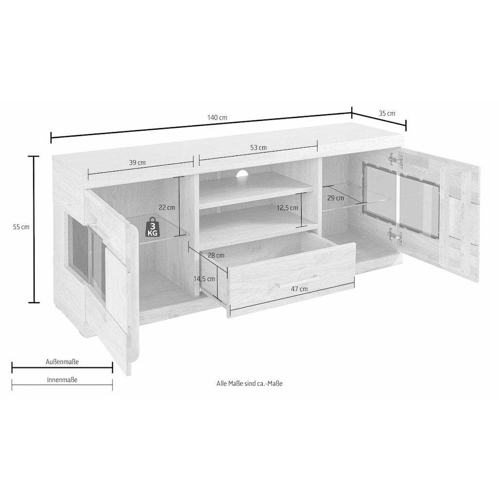 Woltra Lowboard »Ribe«, Breite 140 cm mit 1 Schubkasten und 2 Glastüren