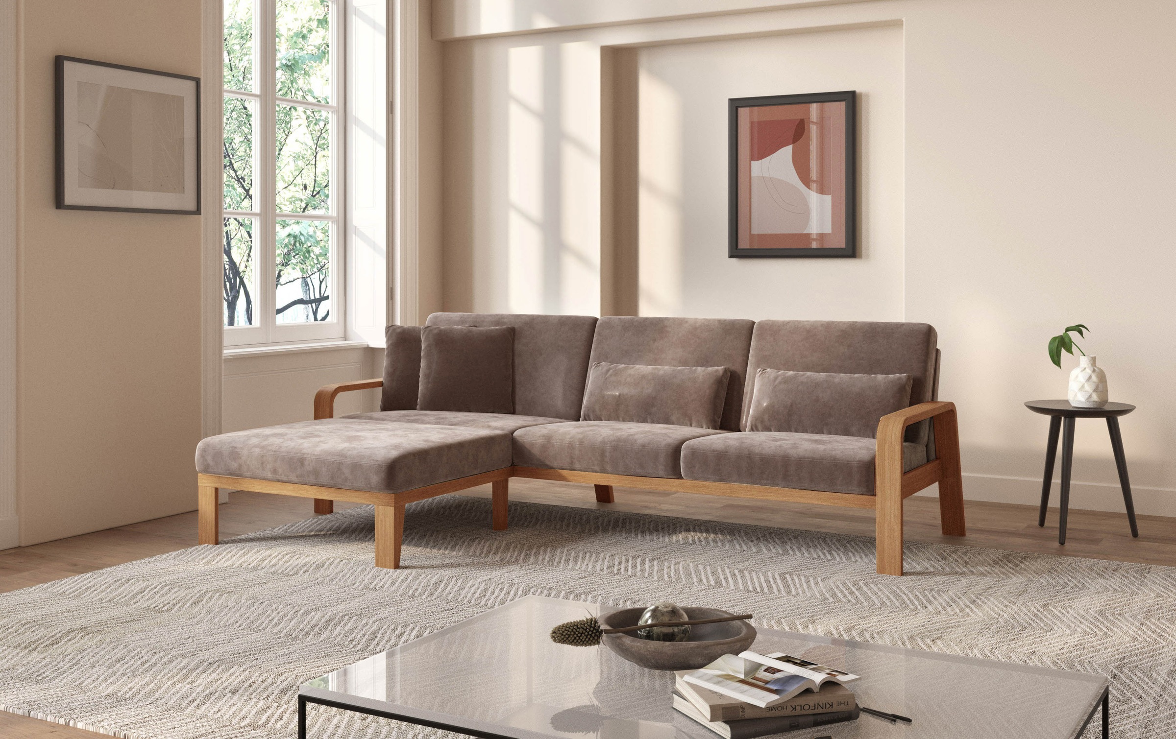 sit&more Ecksofa »Kolding L-Form«, Armlehnen aus eichefarbigem Buchenholz, verschiedene Bezüge und Farben