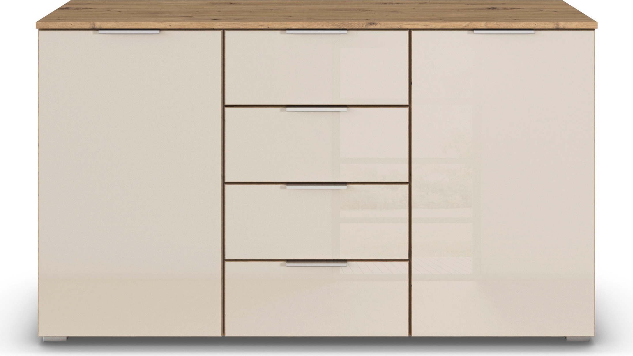 rauch Kombikommode »Sideboard Kombikommode Schubladenkommode AGORDO mit Glasfront«, (in zwei Griff-Farben), mit 4 Schubkästen und 2 Türen sowie Metallgriffen MADE IN GERMANY