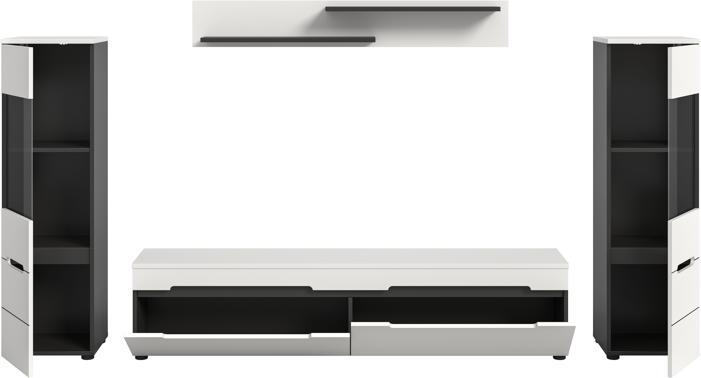 Home affaire Wohnwand »REHAT, TOPSELLER!, 4-teilig, wahlweise stehend und hängend montierbar« Set bestehend aus: 2x Vitrine, Lowboard und Wandboard, 3 Stk. tlg.