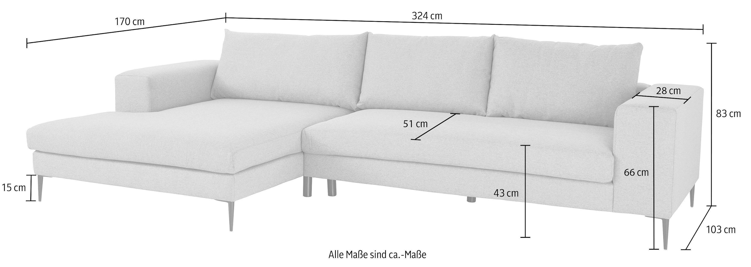 INOSIGN Ecksofa »Aurora, L-Form, mit extra breiter Recamiere, 324 x 170 cm (BxT)«, Designsofa mit tollem Sitzkomfort, extra hohe Metallfüße schwarz