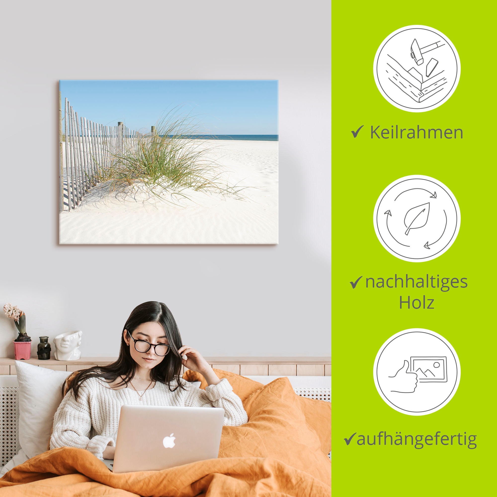 Artland Wandbild »Schöne Sanddüne mit Gräsern und Zaun«, Strand, (1 St.), als Leinwandbild, Poster in verschied. Größen