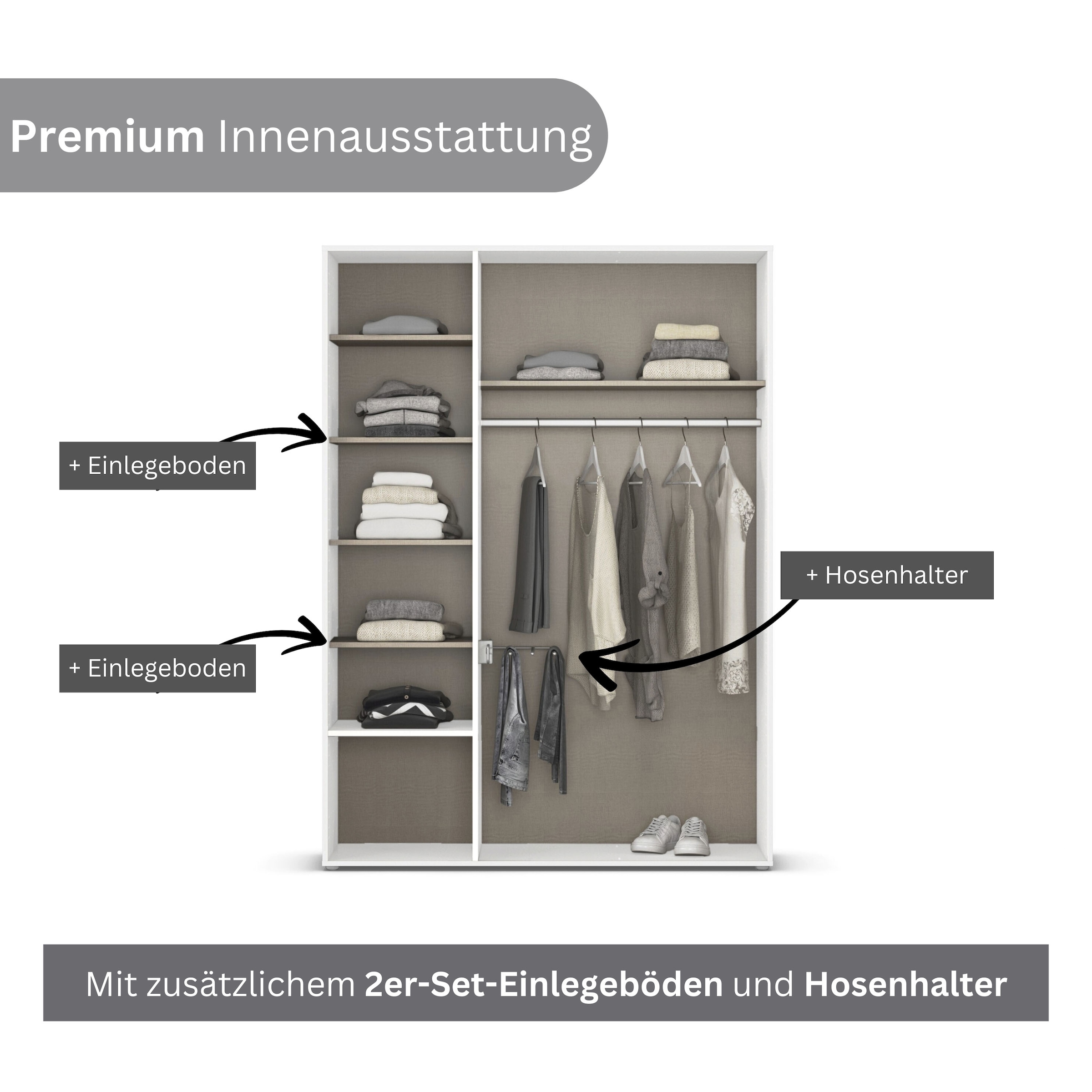 rauch Drehtürenschrank »Kleiderschrank Schrank Garderobe Wäscheschrank VOYAGER«, (in 3 verschiedenen Ausstattungen BASIC/CLASSIC/PREMIUM), mit modernen Griffen in Graumetallic, inkl. Schubkästen und Spiegel