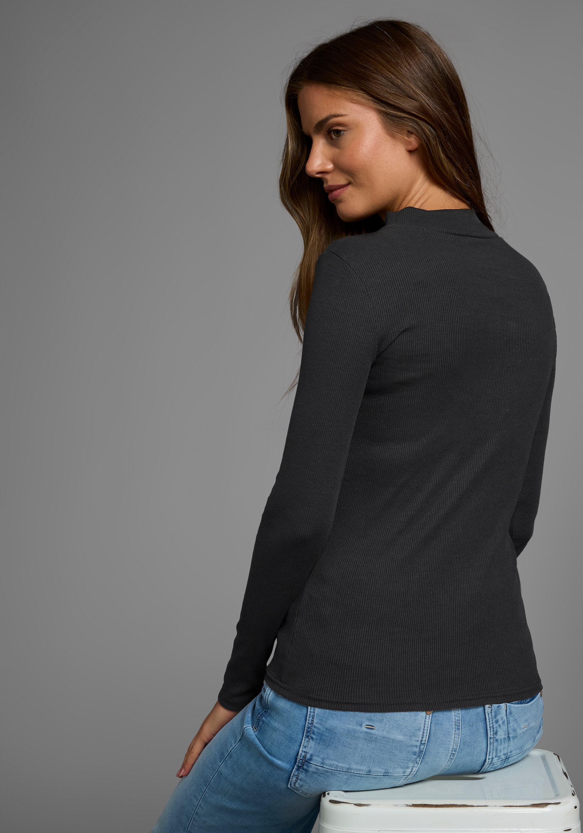 AJC Langarmshirt langärmelig,  Basic-Stil,  Stehkragen,  ideal für Büro und Freizeit