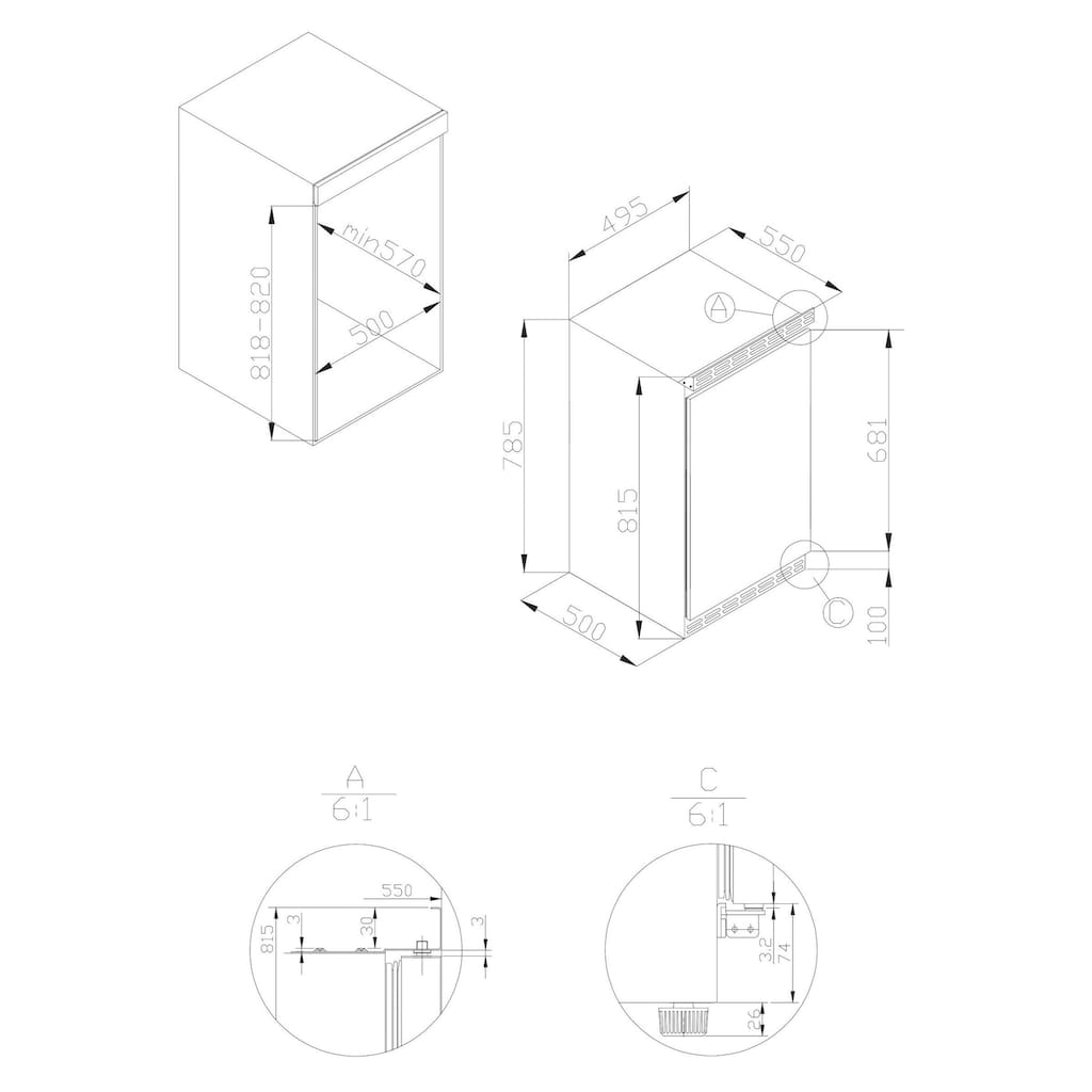 Amica Einbaukühlschrank, UKS 16147, 81,5 cm hoch, 49,5 cm breit, unterbaufähig